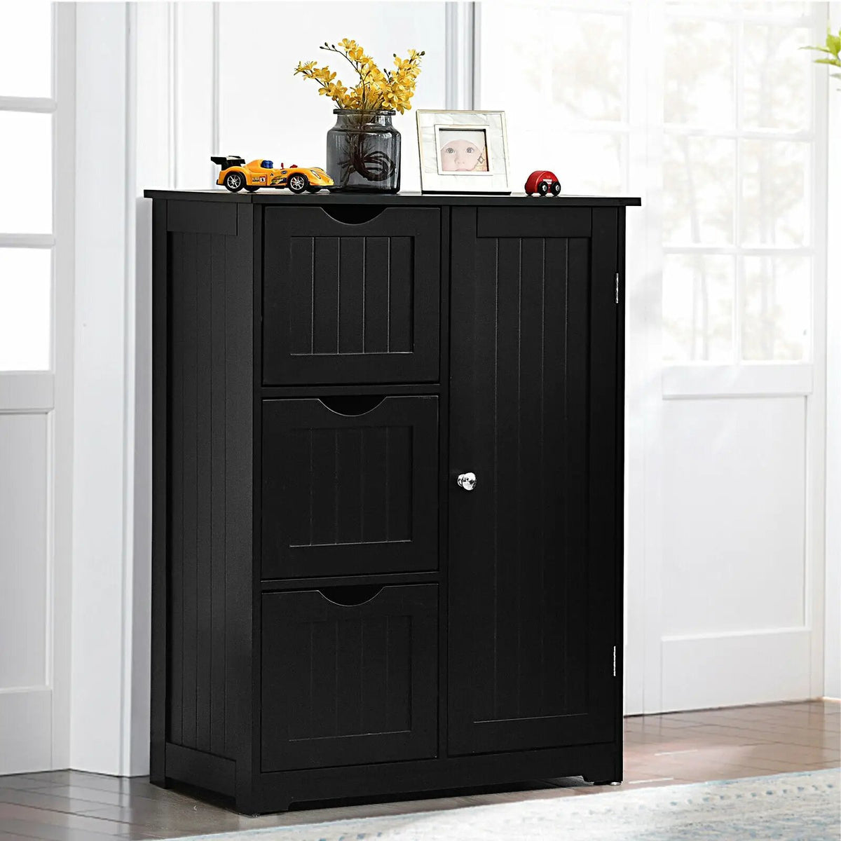 Bathroom Floor Cabinet Side Storage Cabinet with 3 Drawers and 1 Cupboard by DirectDeals
