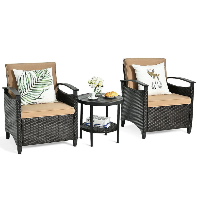 3 Pieces Patio Rattan Furniture Set Cushioned Sofa Storage Table with Shelf Garden by DirectDeals