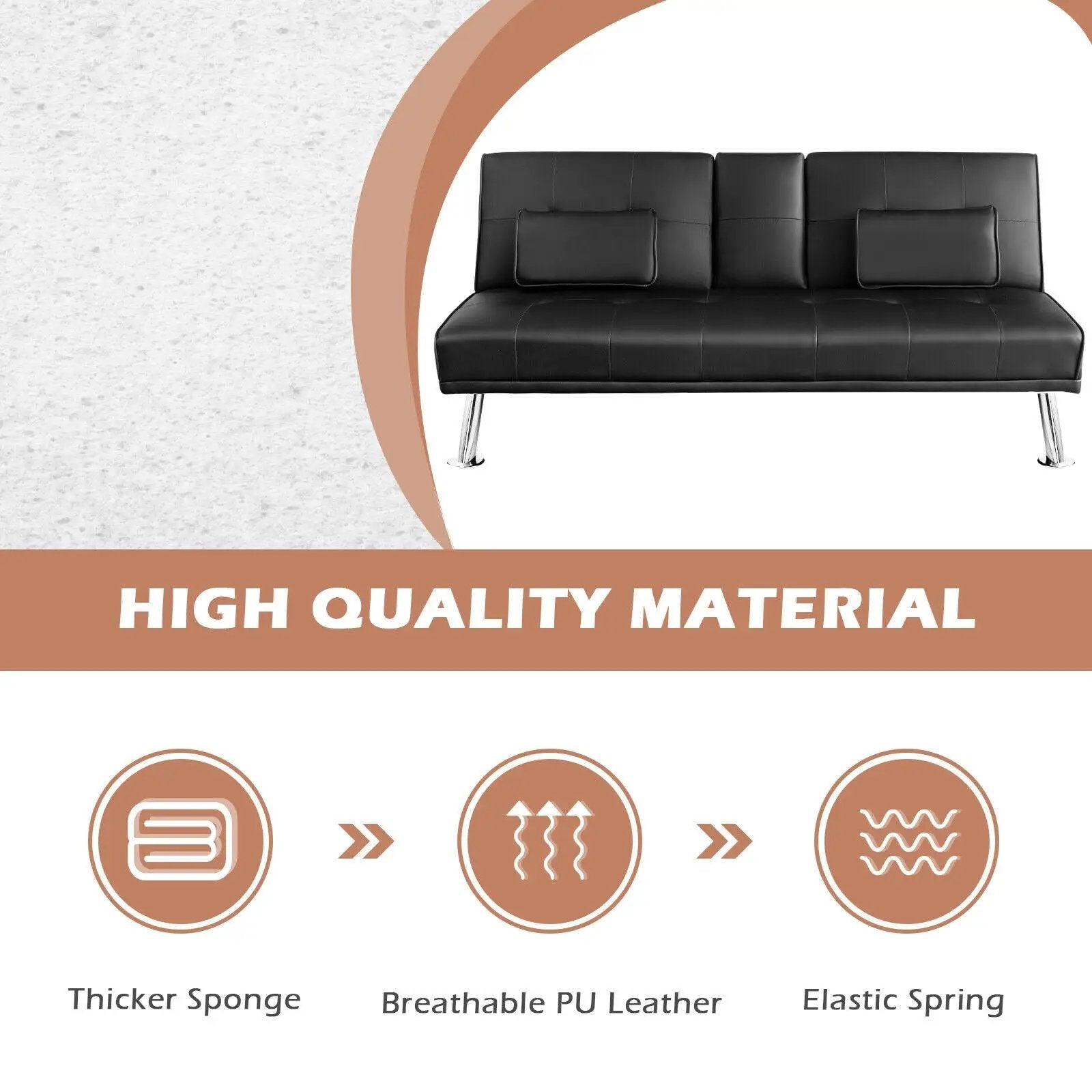 Convertible Folding Leather Futon Sofa with Cup Holders and Armrests by DirectDeals