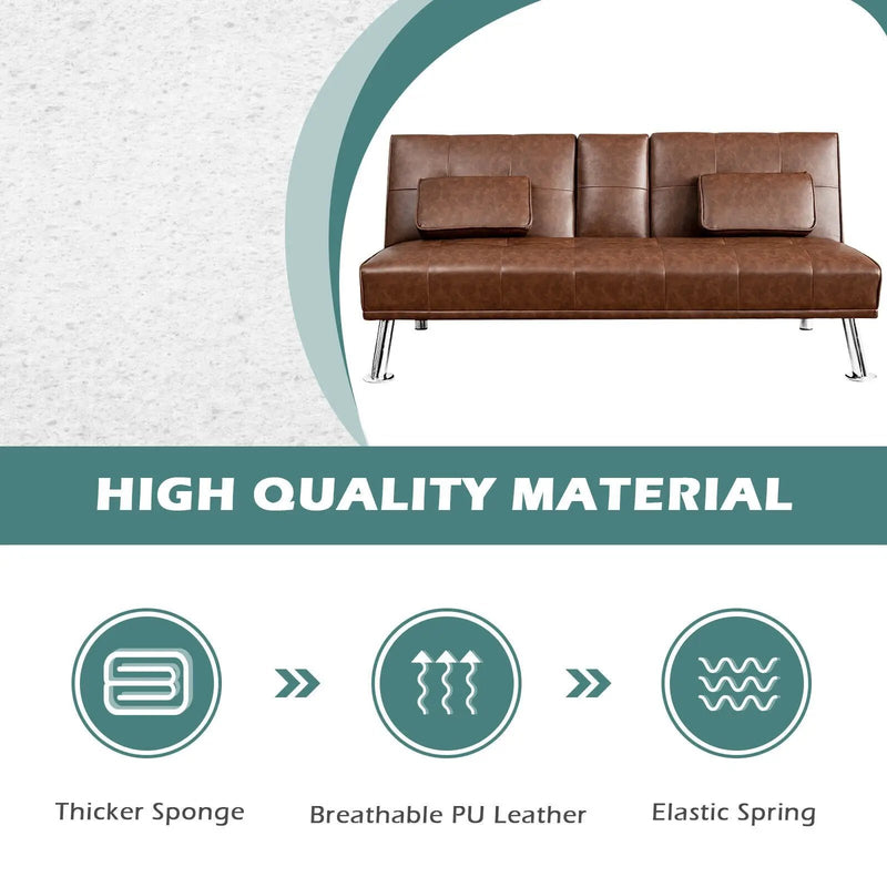 Convertible Folding Leather Futon Sofa with Cup Holders and Armrests by DirectDeals