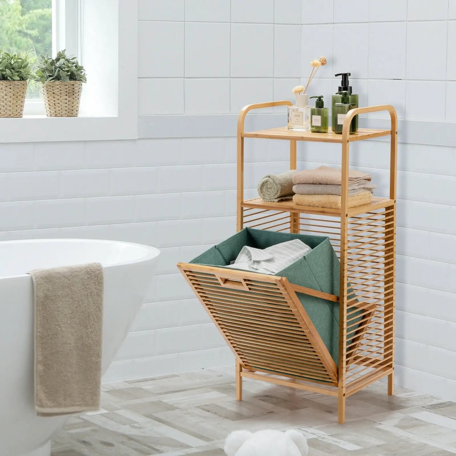 Tilt-out Bamboo Laundry Hamper with 2-Tier Shelf and Removable Liner-Natural by DirectDeals