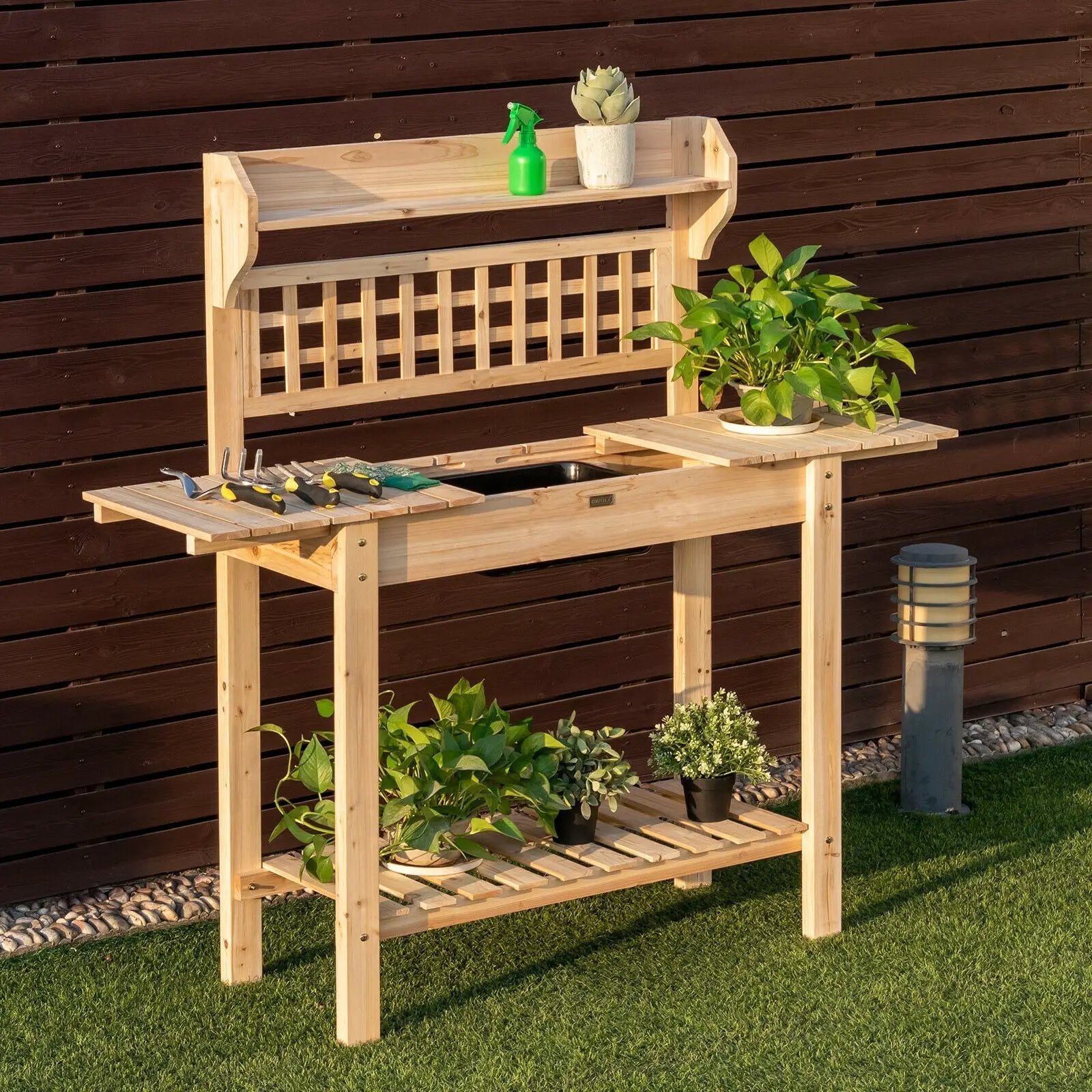 Garden Potting Bench Workstation Table with Sliding Tabletop Sink Shelves by DirectDeals