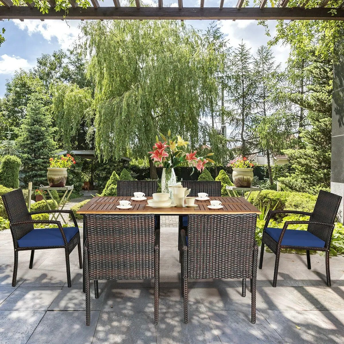 7Pcs Patio Rattan Cushioned Dining Set with Umbrella Hole by DirectDeals