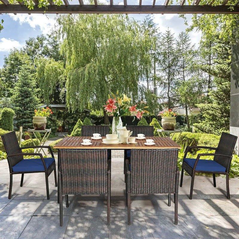 7Pcs Patio Rattan Cushioned Dining Set with Umbrella Hole by DirectDeals