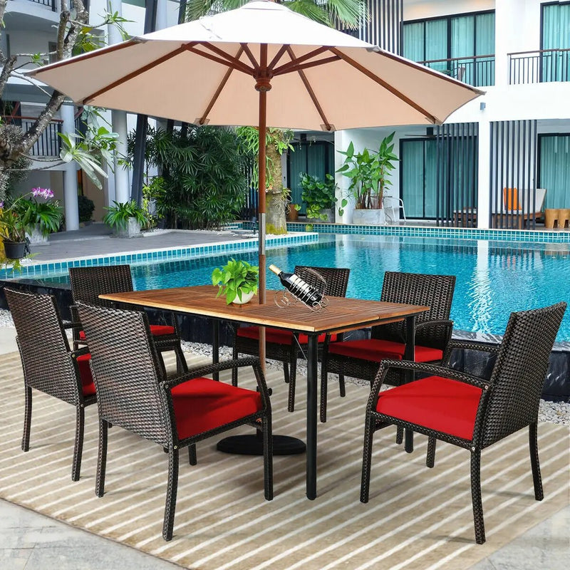 7Pcs Patio Rattan Cushioned Dining Set with Umbrella Hole by DirectDeals