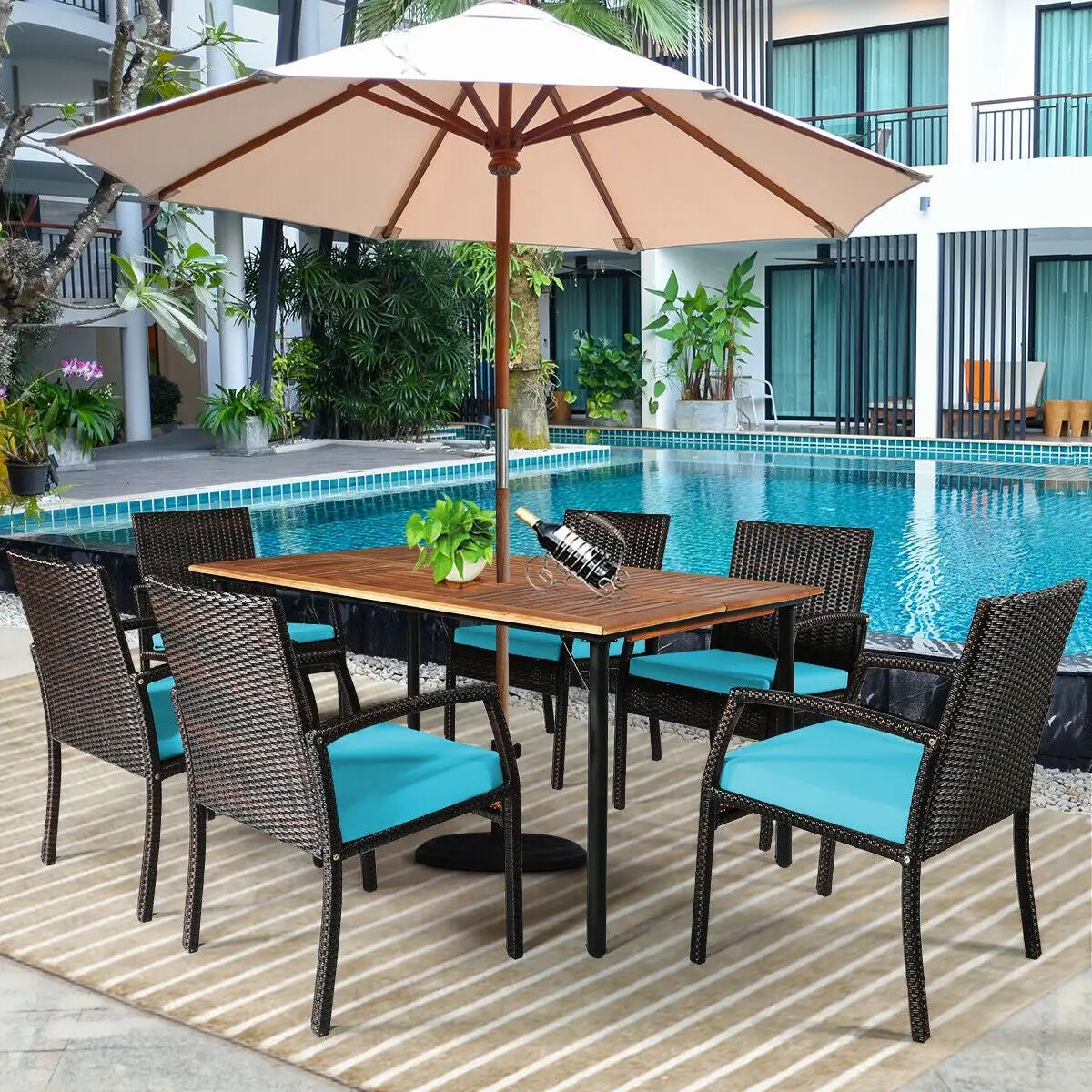 7Pcs Patio Rattan Cushioned Dining Set with Umbrella Hole by DirectDeals