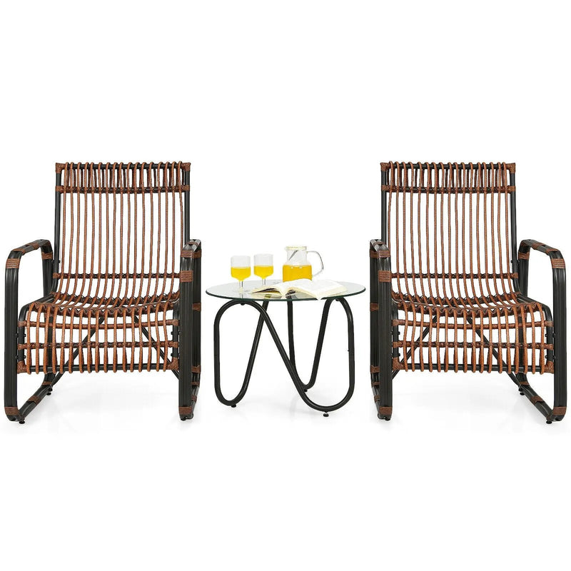 3 Pieces Patio Rattan Furniture Set with 2 Single Wicker Chairs and Glass Side Table by DirectDeals