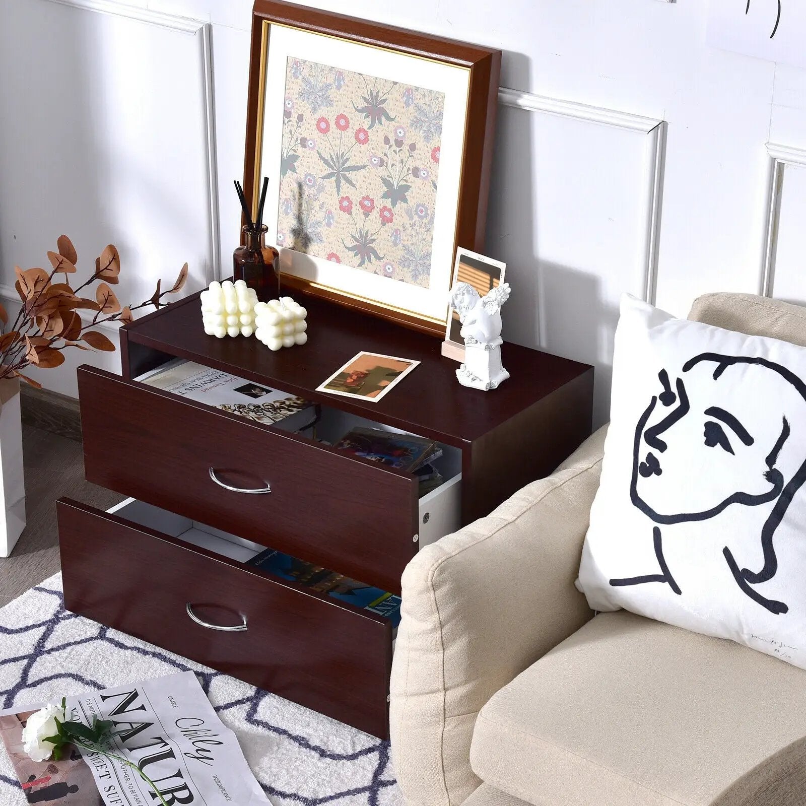 2-Drawer Dresser Horiztonal Organizer End Table Nightstand with Handle Wood-Brown by DirectDeals