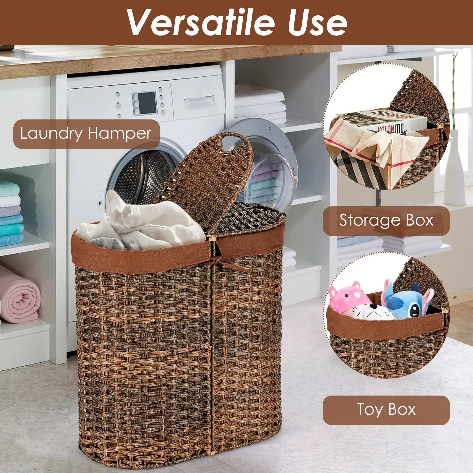Handwoven Laundry Hamper Basket with 2 Removable Liner Bags by DirectDeals
