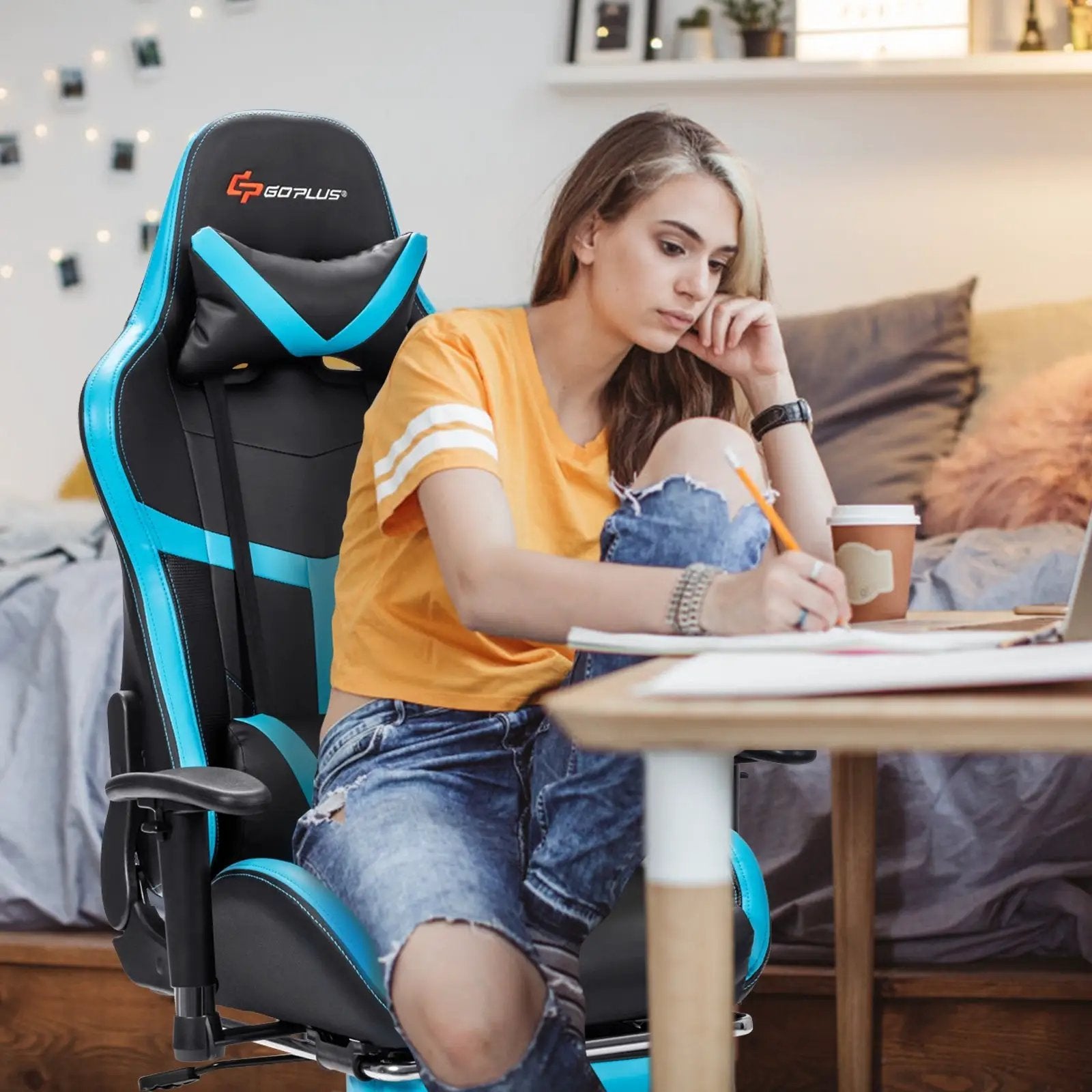 Reclining Racing Chair with Lumbar Support Footrest by DirectDeals