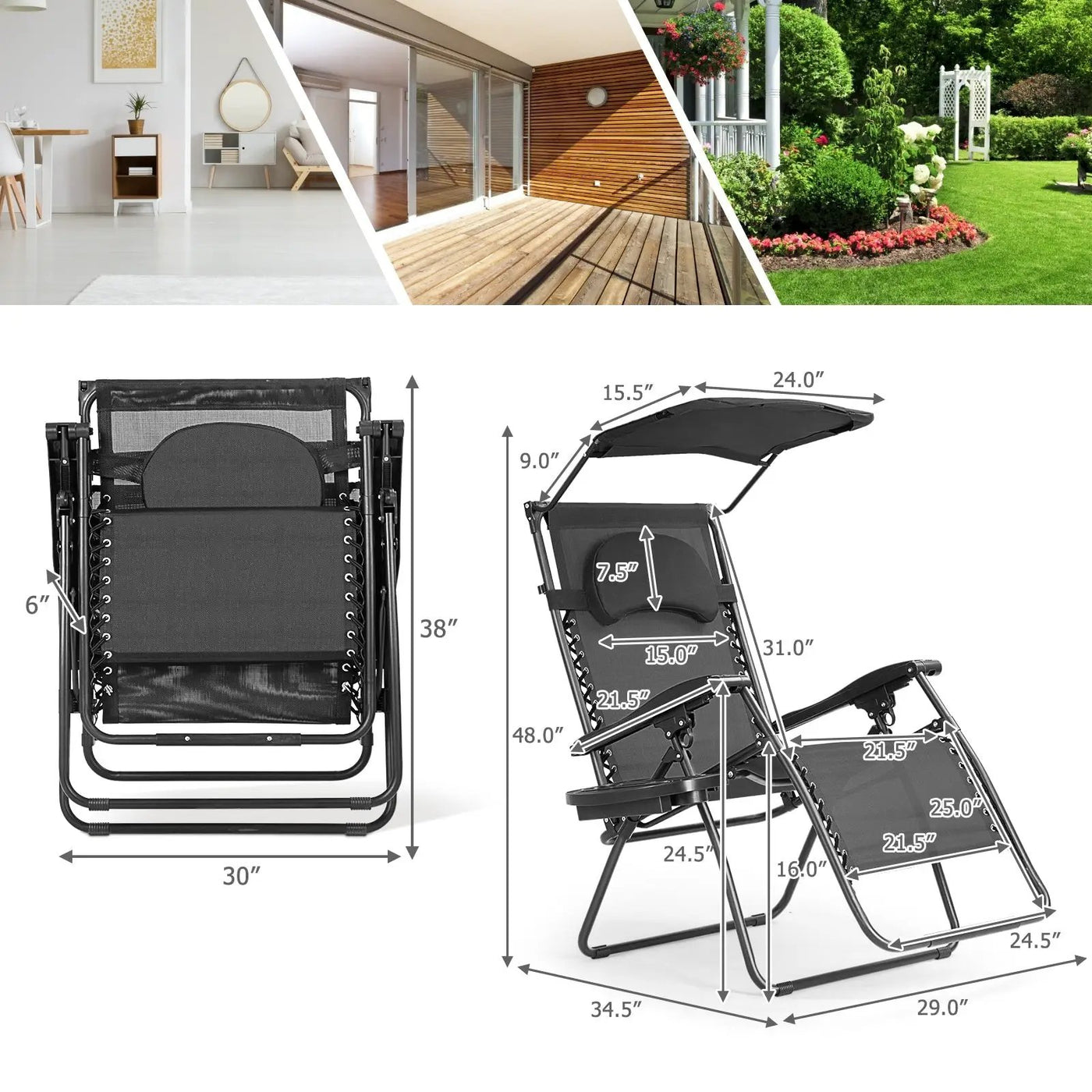 Folding Recliner Lounge Chair with Shade Canopy Cup Holder by DirectDeals