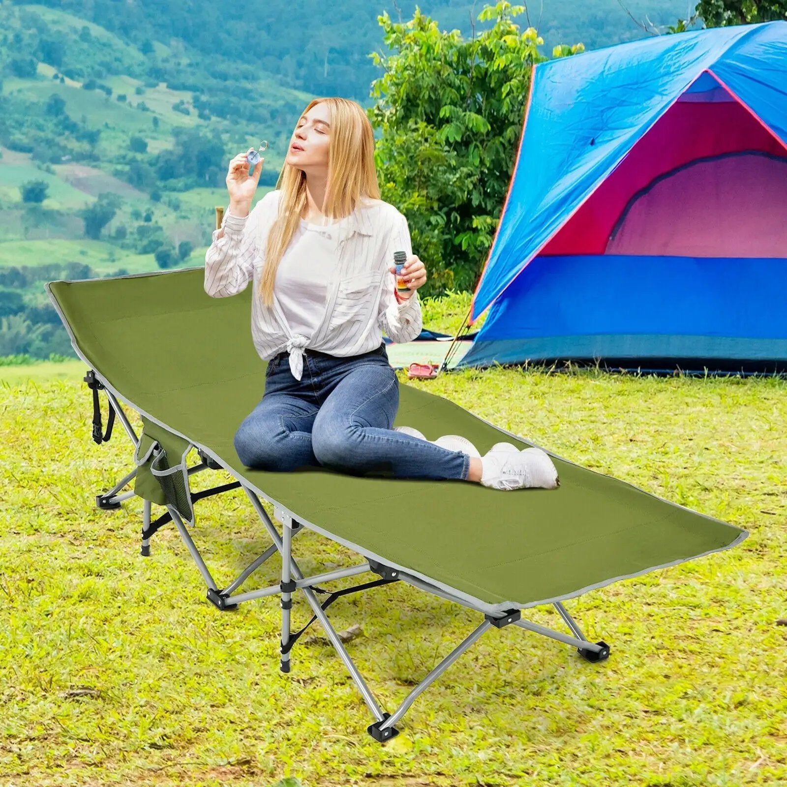 Folding Camping Cot with Side Storage Pocket Detachable Headrest by DirectDeals