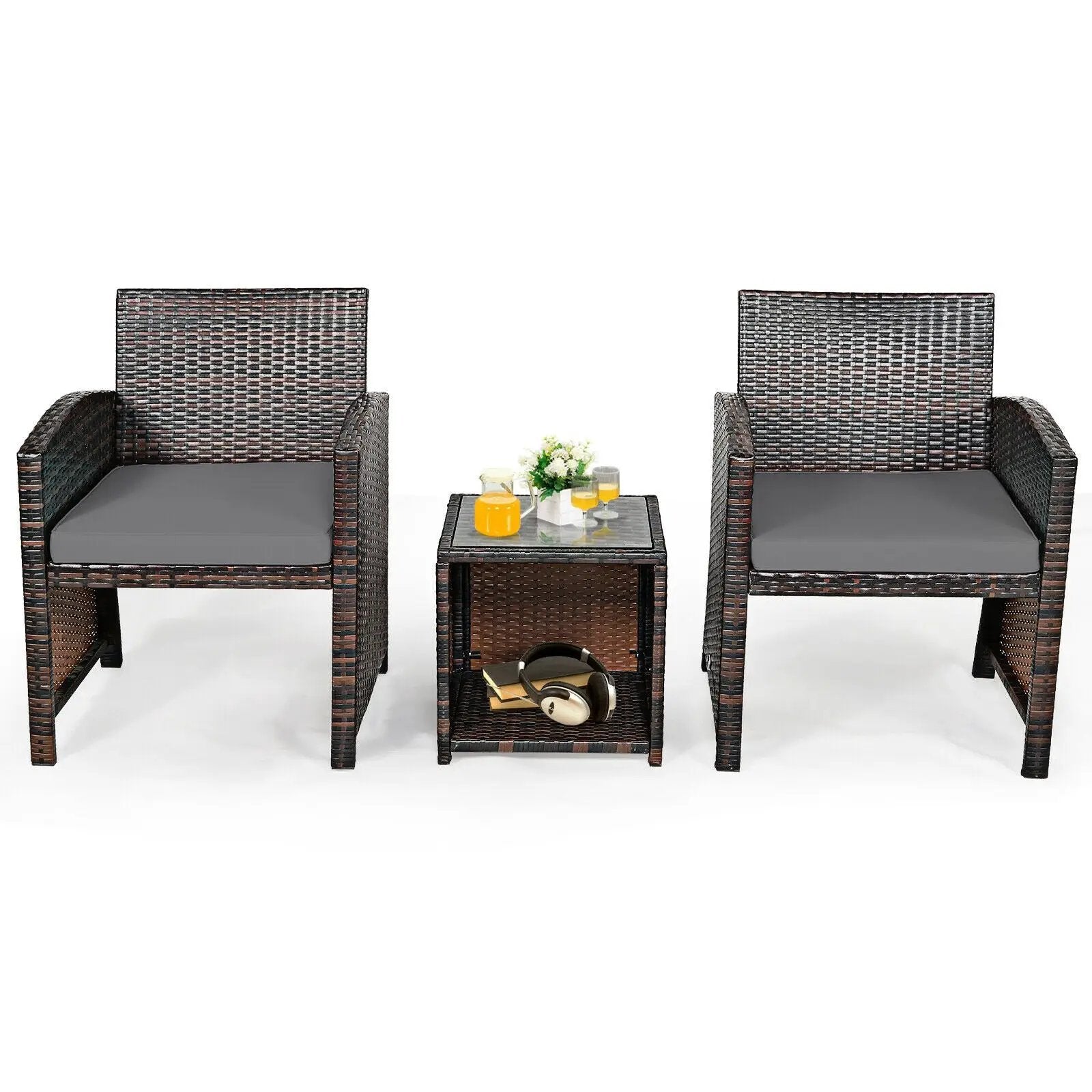3 Pieces PE Rattan Wicker Furniture Set with Cushion Sofa Coffee Table for Garden by DirectDeals