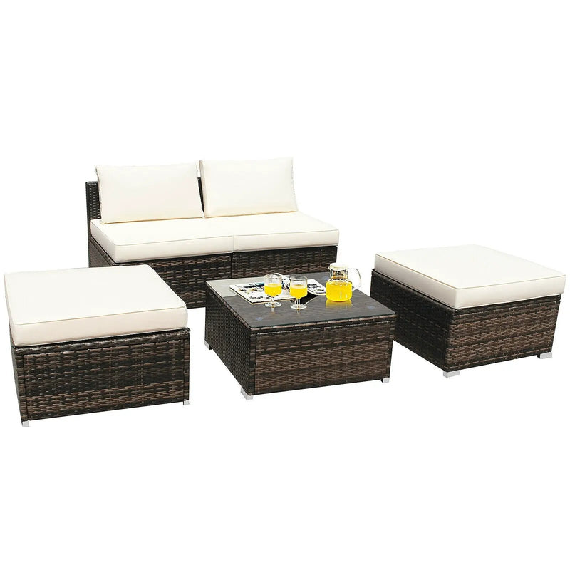 5 Pieces Patio Rattan Furniture Set with Cushioned Armless Sofa by DirectDeals