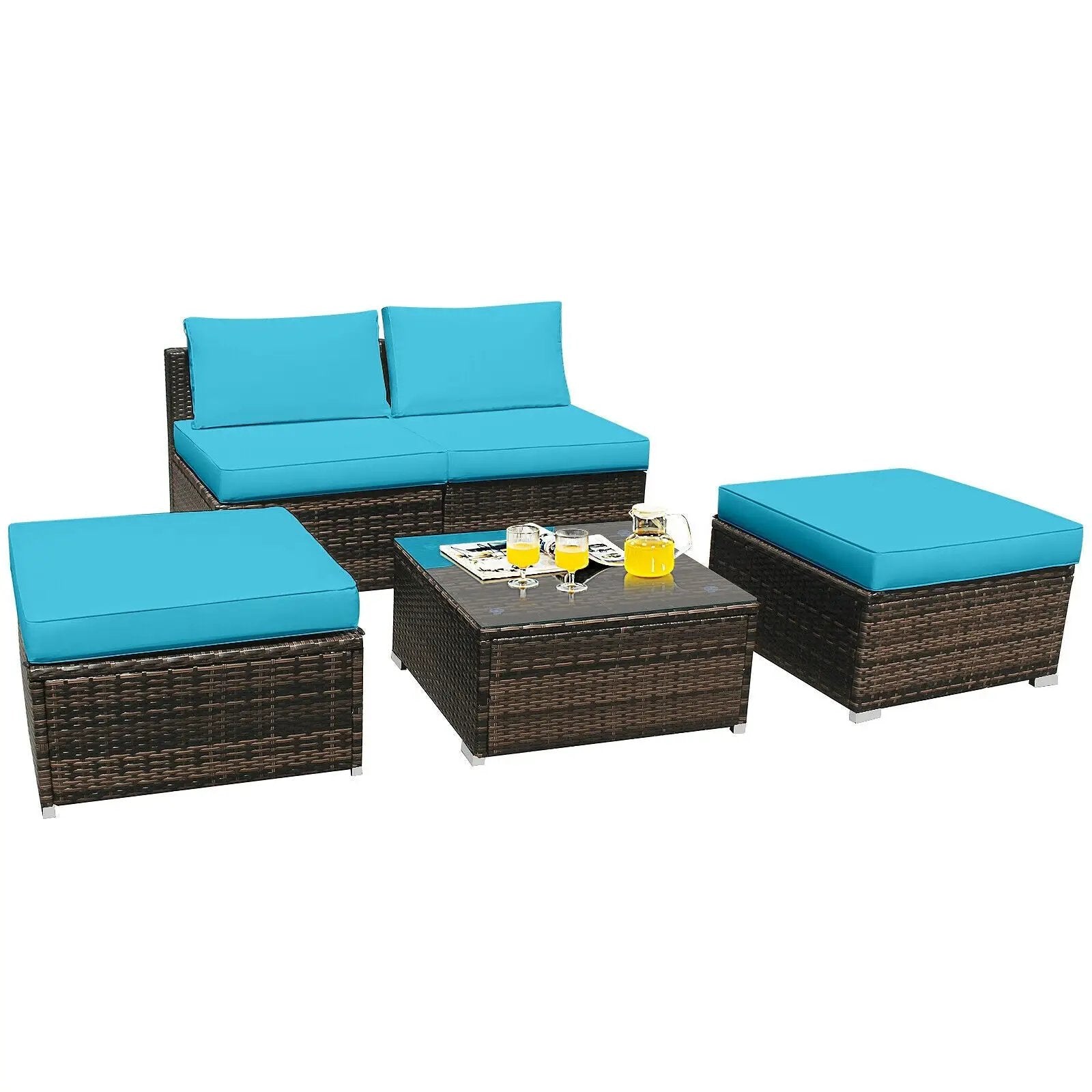 5 Pieces Patio Rattan Furniture Set with Cushioned Armless Sofa by DirectDeals