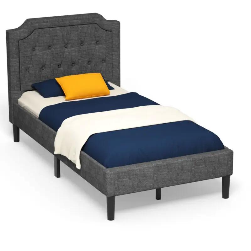 Linen Twin Upholstered Platform Bed with Frame Headboard Mattress Foundation by DirectDeals
