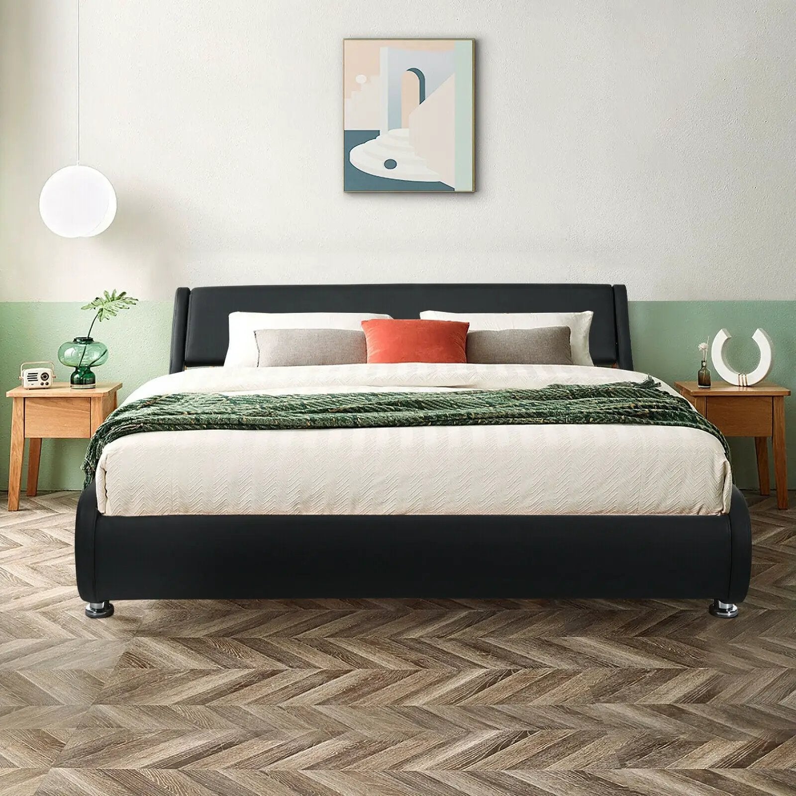 Queen Faux Leather Upholstered Platform Bed Frame Adjustable Headboard-Black by DirectDeals