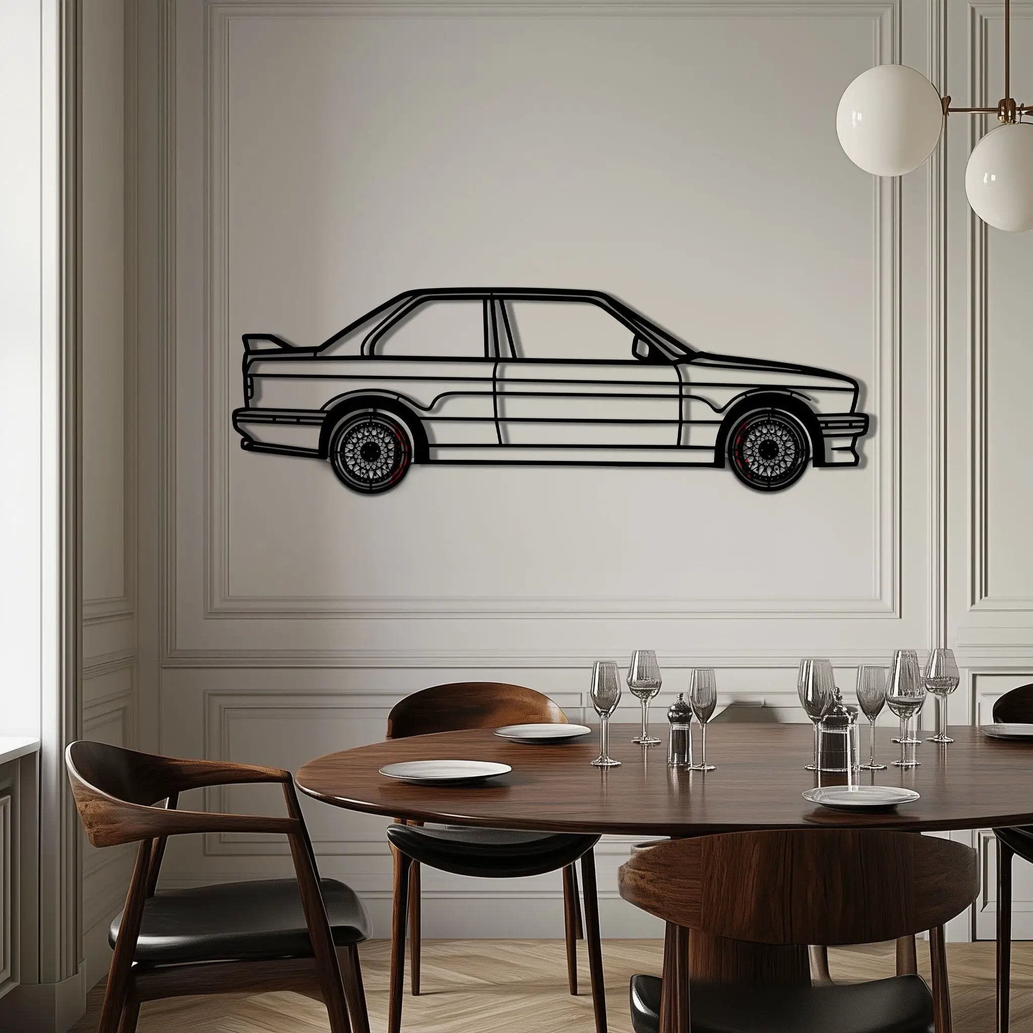 BMW E30 M3 Metal Car Wall Art with Rotating Wheels - Classic M Power Silhouette Decor - Interactive Automotive Wall Art - KAFMEKA100 by Enova Art