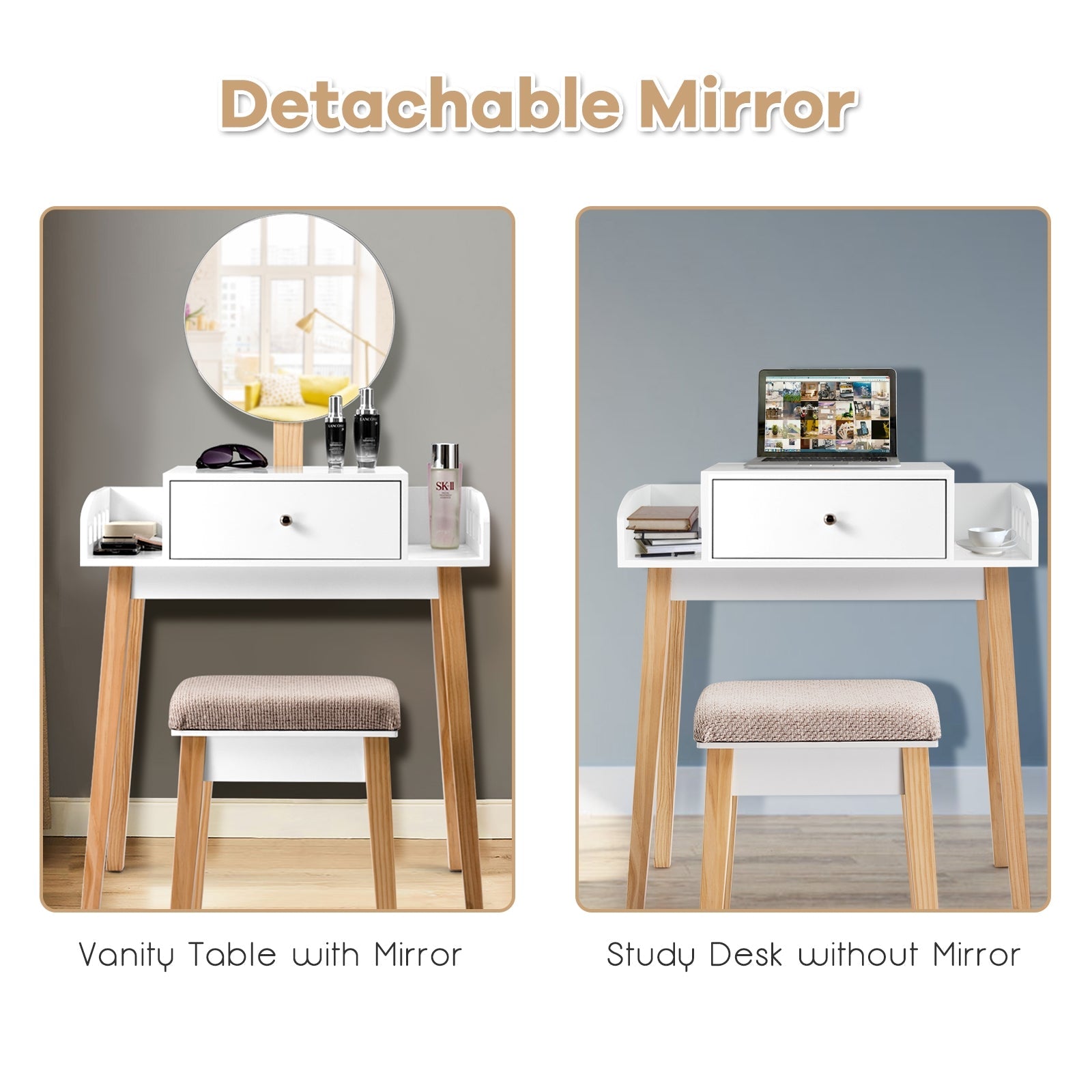 Wooden Makeup Dressing Mirror Table Set with Drawer by DirectDeals