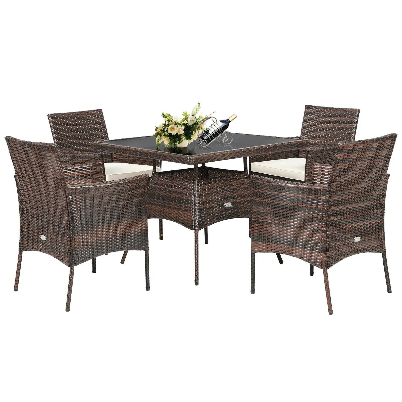 5 Pieces Patio Rattan Dining Furniture Set with Arm Chair and Wooden Table Top by DirectDeals