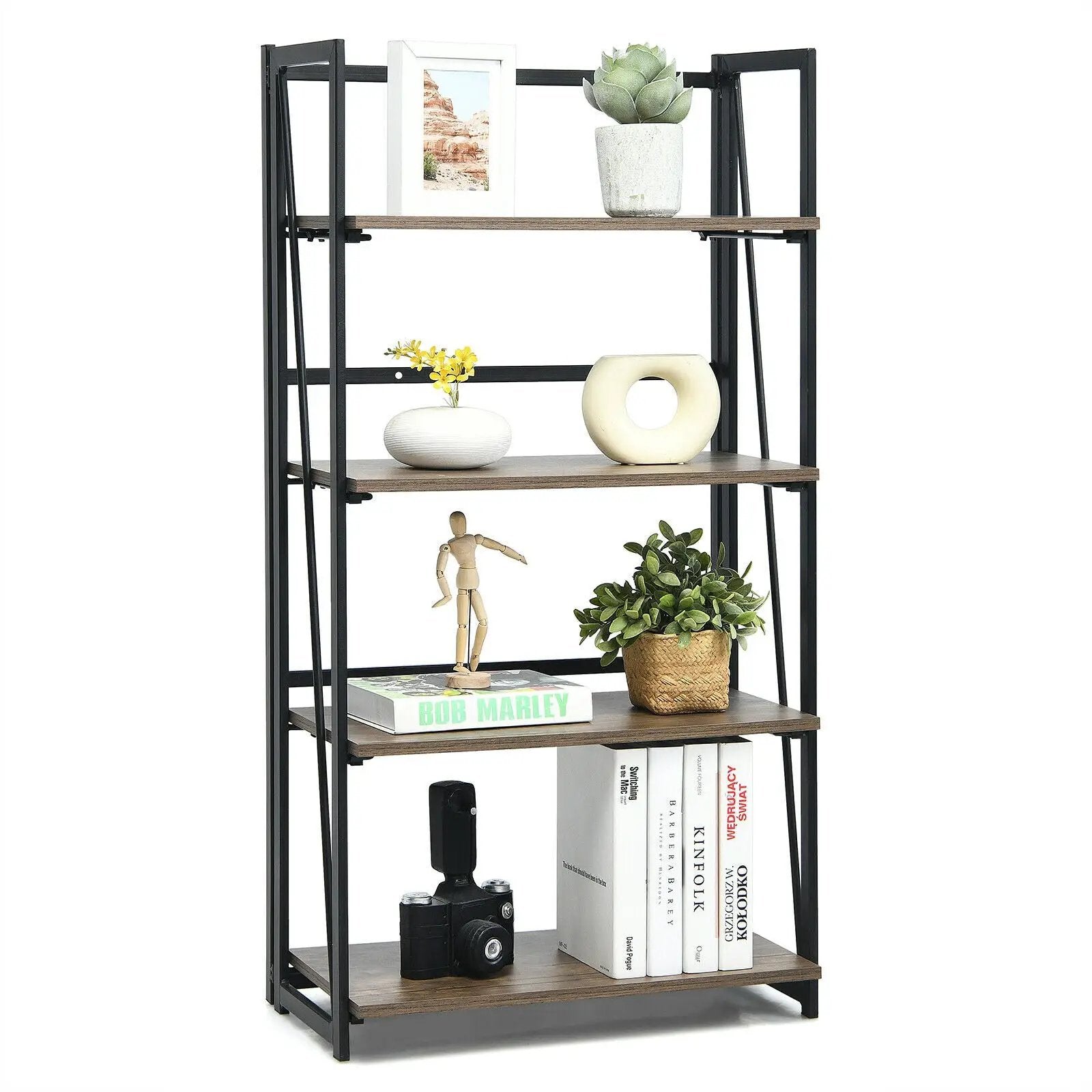 4-Tier Folding Bookshelf No-Assembly Industrial Bookcase Display Shelves by DirectDeals