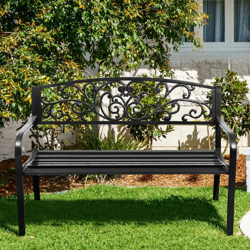 50 Inch Patio Park Steel Frame Cast Iron Backrest Bench Porch Chair by DirectDeals