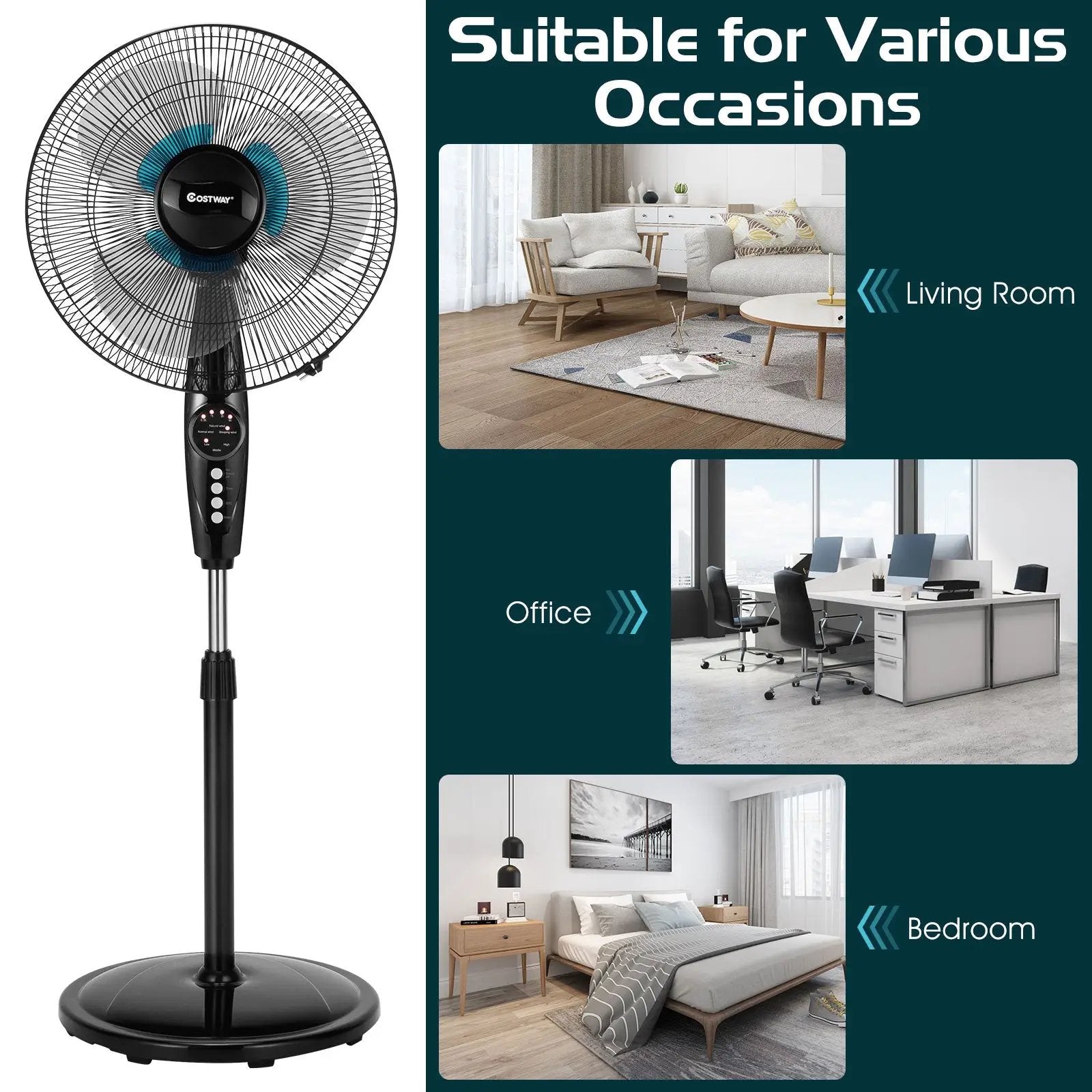 16 Inches Adjustable Height Fan with Quiet Oscillating Stand for Home and Office by DirectDeals