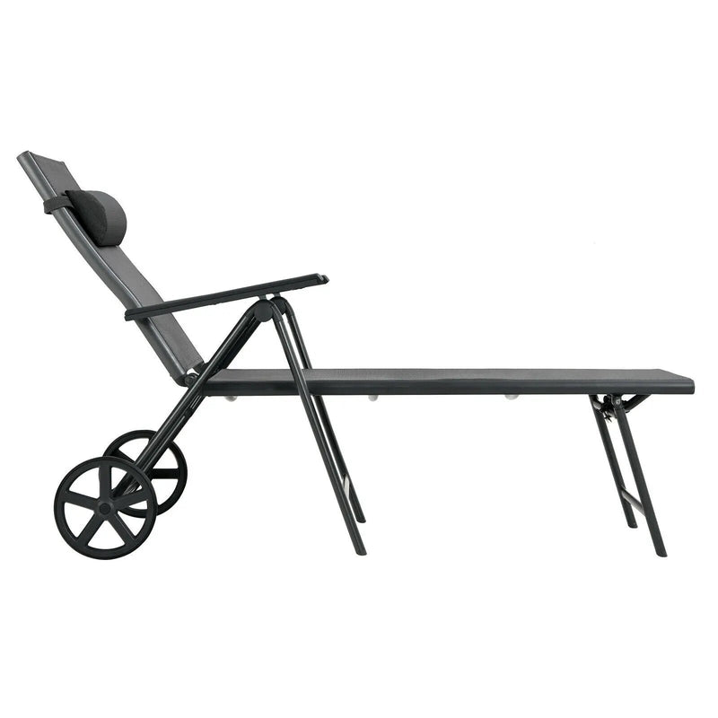 Patio Lounge Chair with Wheels Neck Pillow Aluminum Frame Adjustable-Gray by DirectDeals