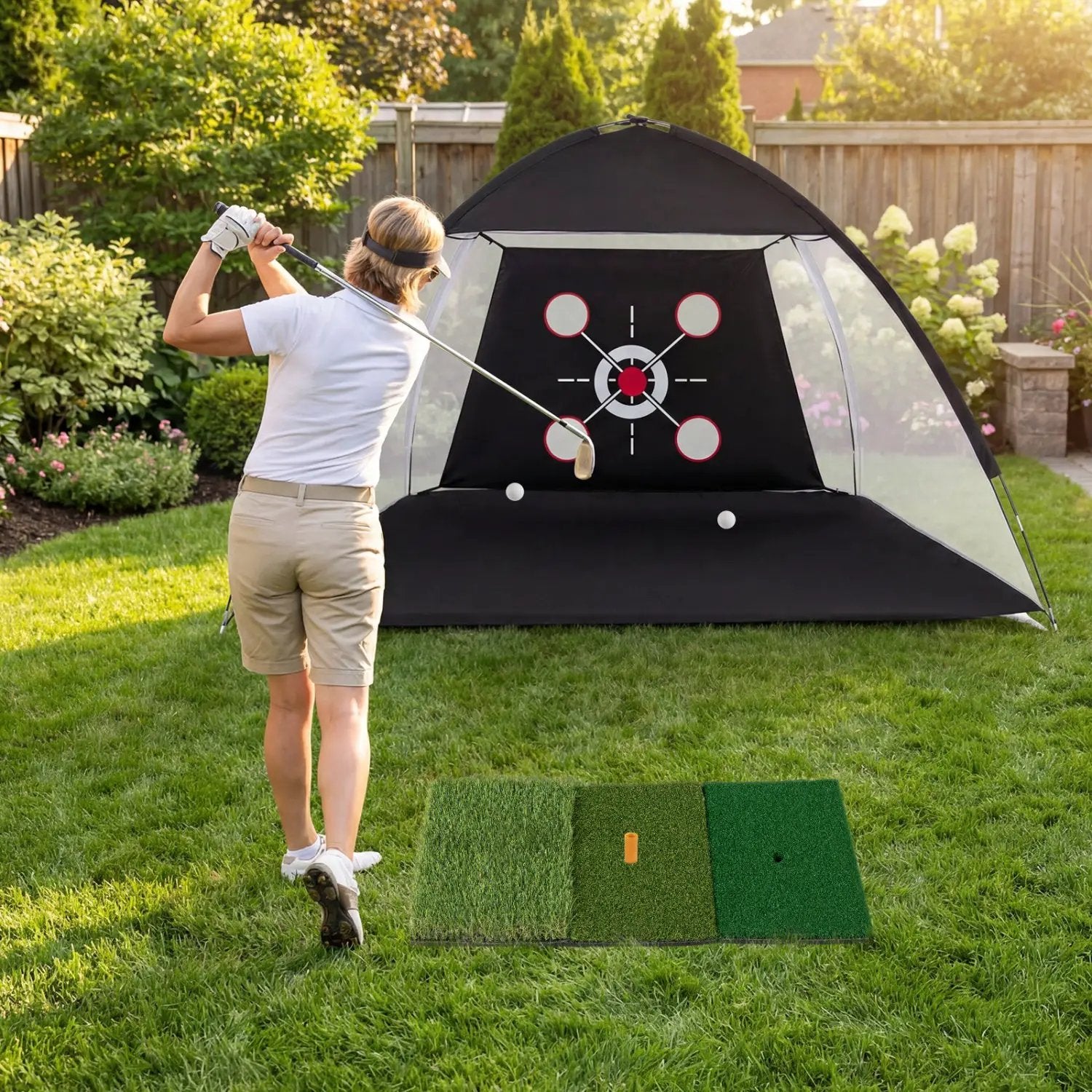Golf Practice Net 10.3x6.5ft with Foldable Tri-Turf Mat by DirectDeals