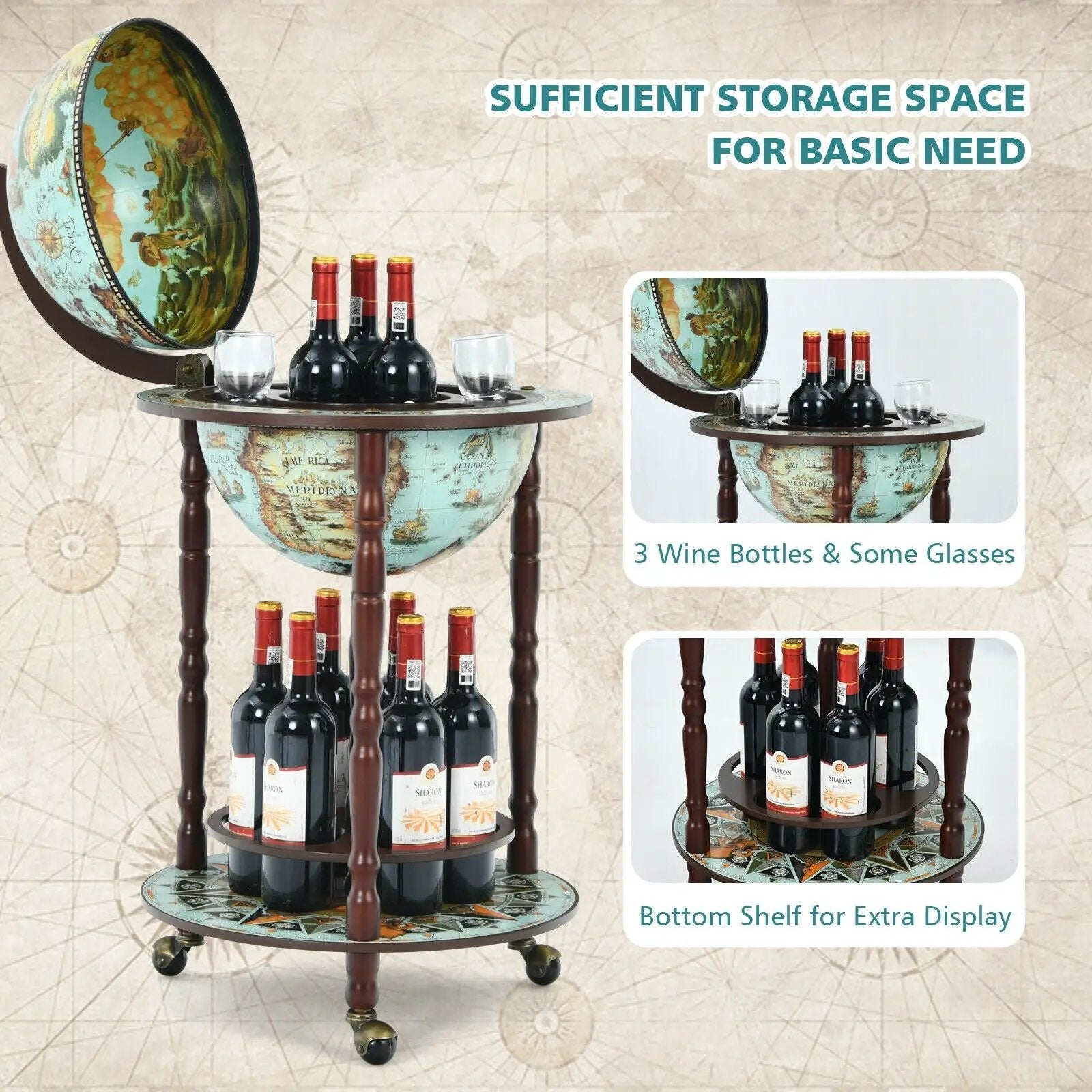 17 Inch Globe Wine Bar Stand 16th Century Italian Map Liquor Bottle Shelf Cart by DirectDeals