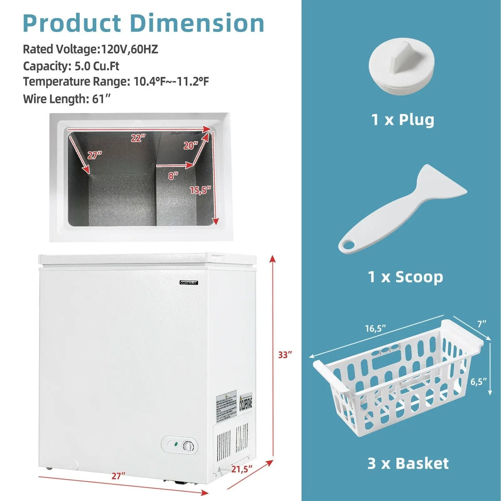 5.2 Cu.ft Chest Freezer Upright Single Door Refrigerator with 3 Baskets-White by DirectDeals