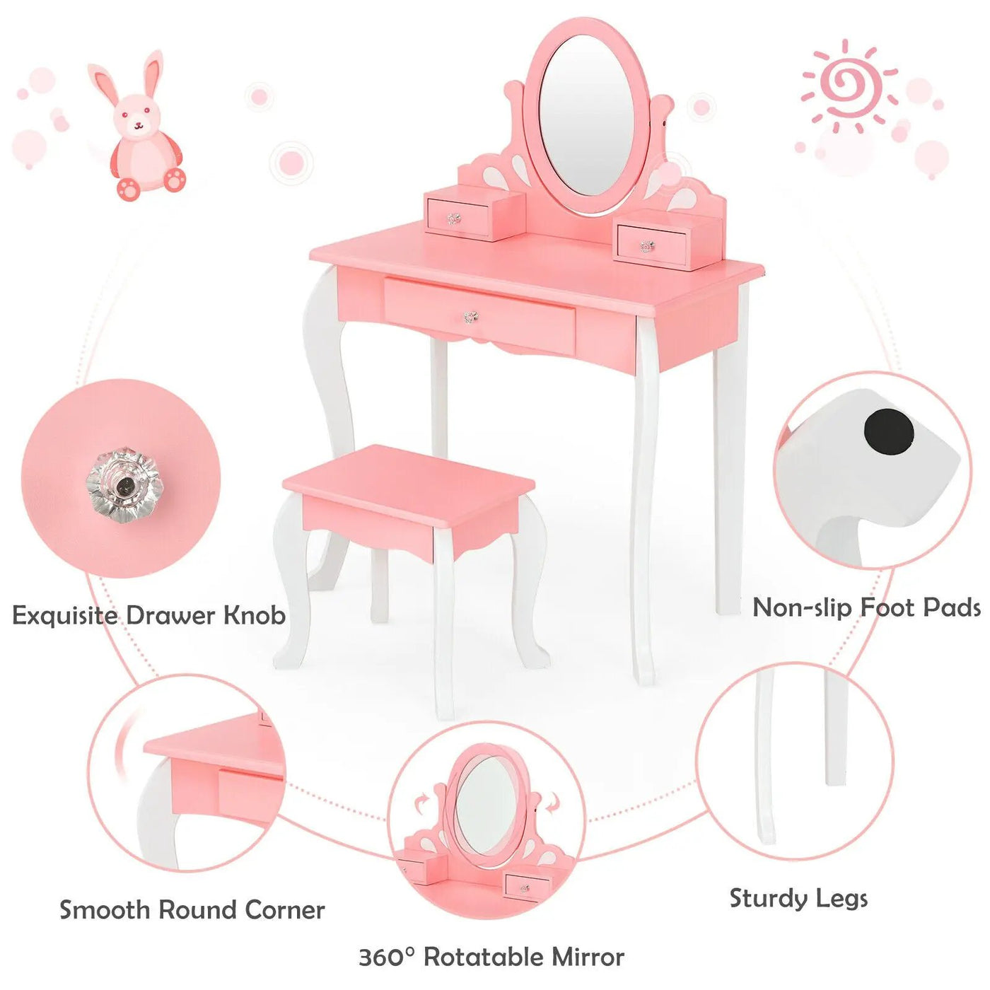 Kids Vanity Princess Makeup Dressing Table Stool Set with Mirror and Drawer by DirectDeals