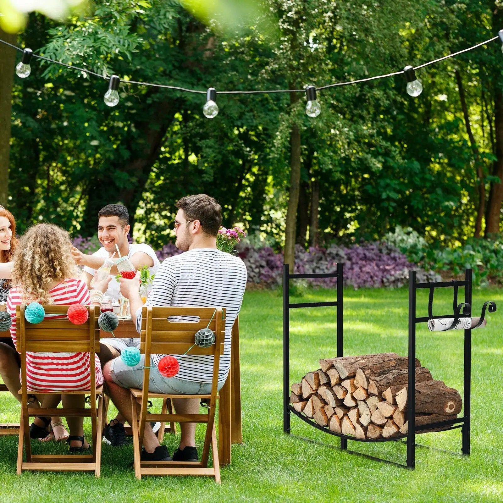 33 Inch Firewood Rack with Removable Kindling Holder Steel Fireplace Wood by DirectDeals