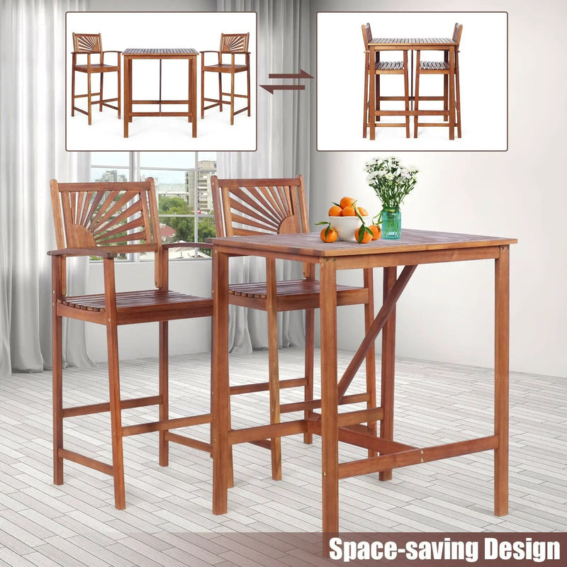 3 Pieces Acacia Wood Patio Bar Set with Sunflower Patterned Backrest by DirectDeals