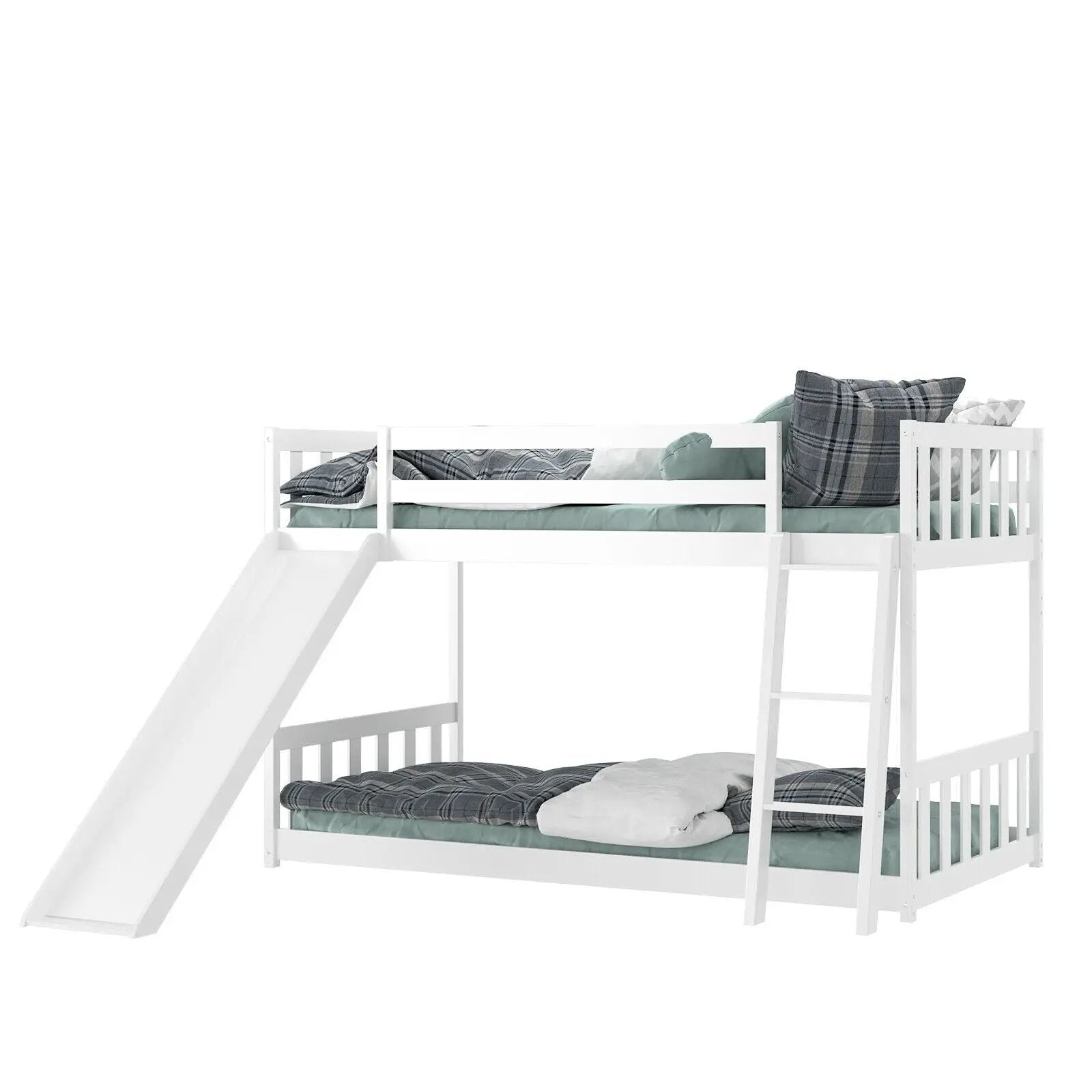 Twin over Twin Bunk Wooden Low Bed with Slide Ladder for Kids by DirectDeals