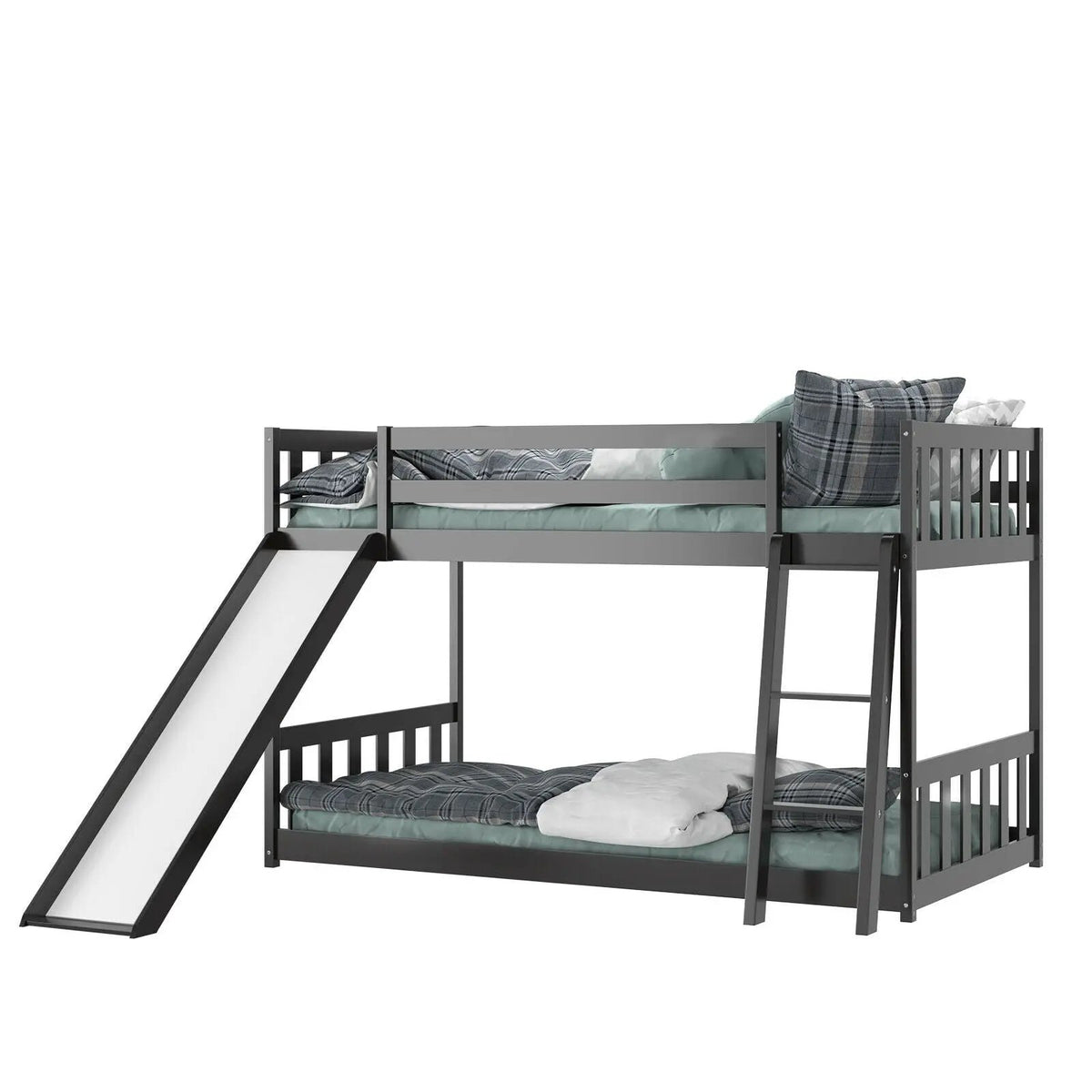 Twin over Twin Bunk Wooden Low Bed with Slide Ladder for Kids by DirectDeals