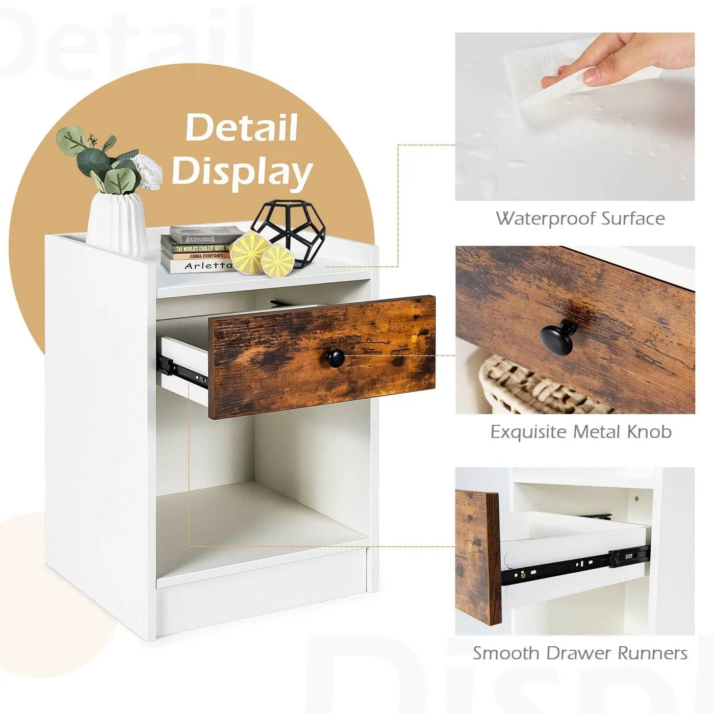 Set of 2 Nightstand with Drawer Cabinet End Side Table Raised Top by DirectDeals