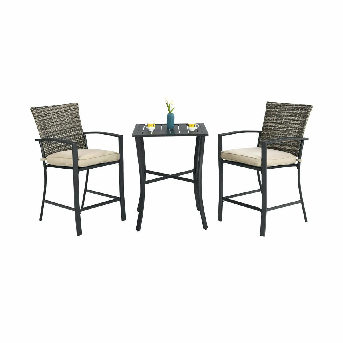 3 Pieces Rattan Bar Furniture Set with Slat Table and 2 Cushioned Stools by DirectDeals