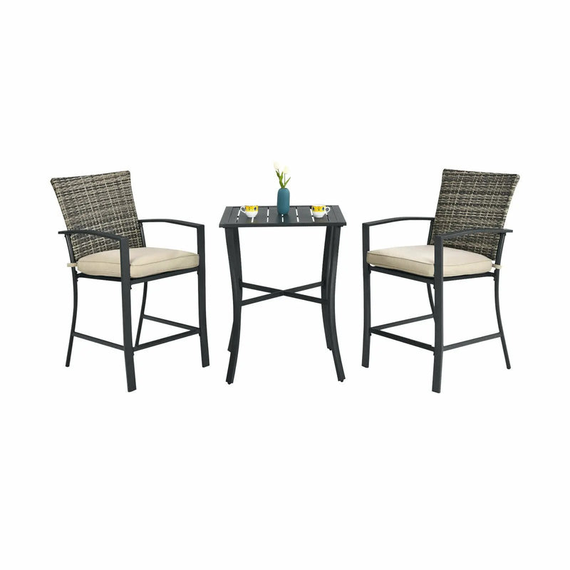3 Pieces Rattan Bar Furniture Set with Slat Table and 2 Cushioned Stools by DirectDeals