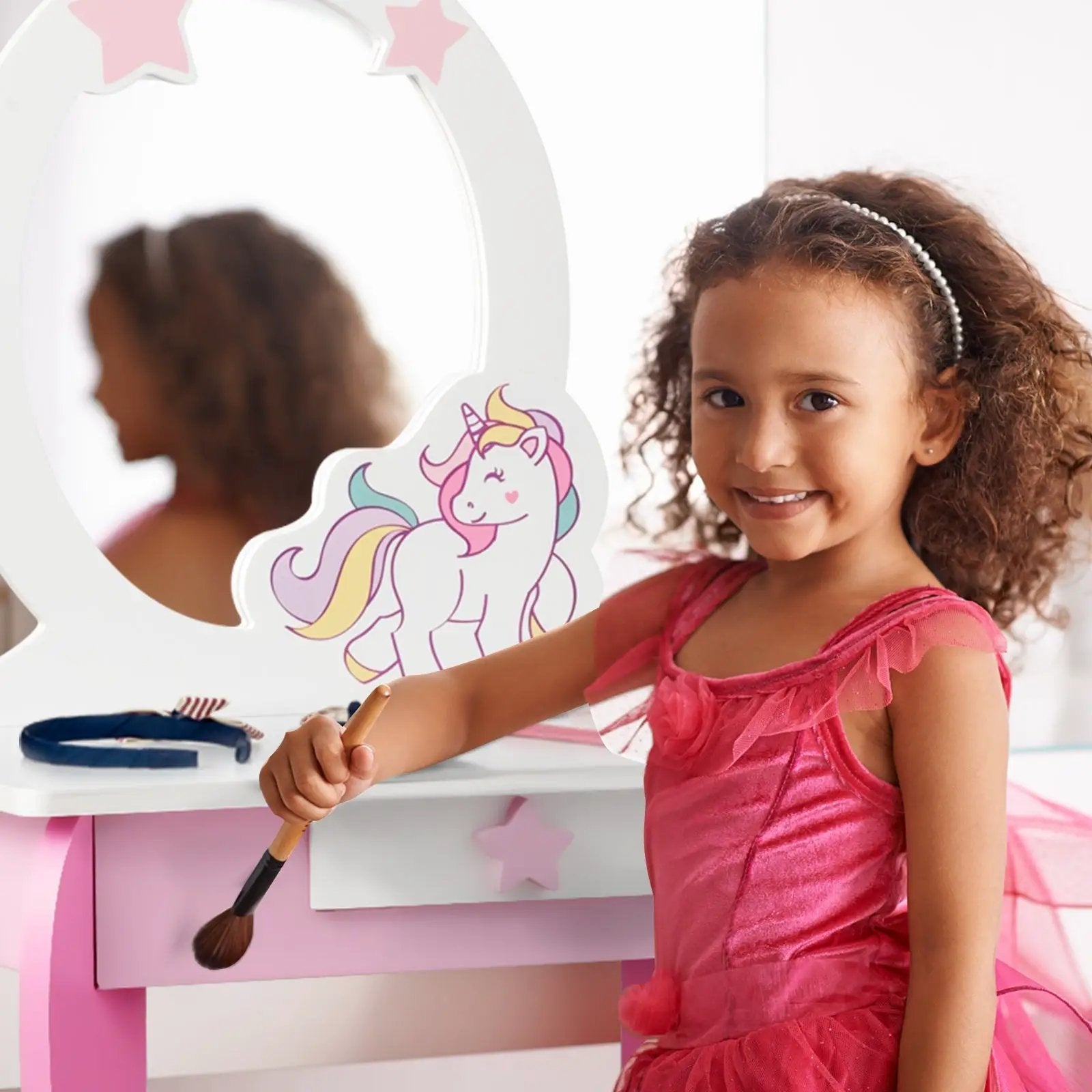 Kids Wooden Makeup Dressing Table and Chair Set with Mirror and Drawer by DirectDeals