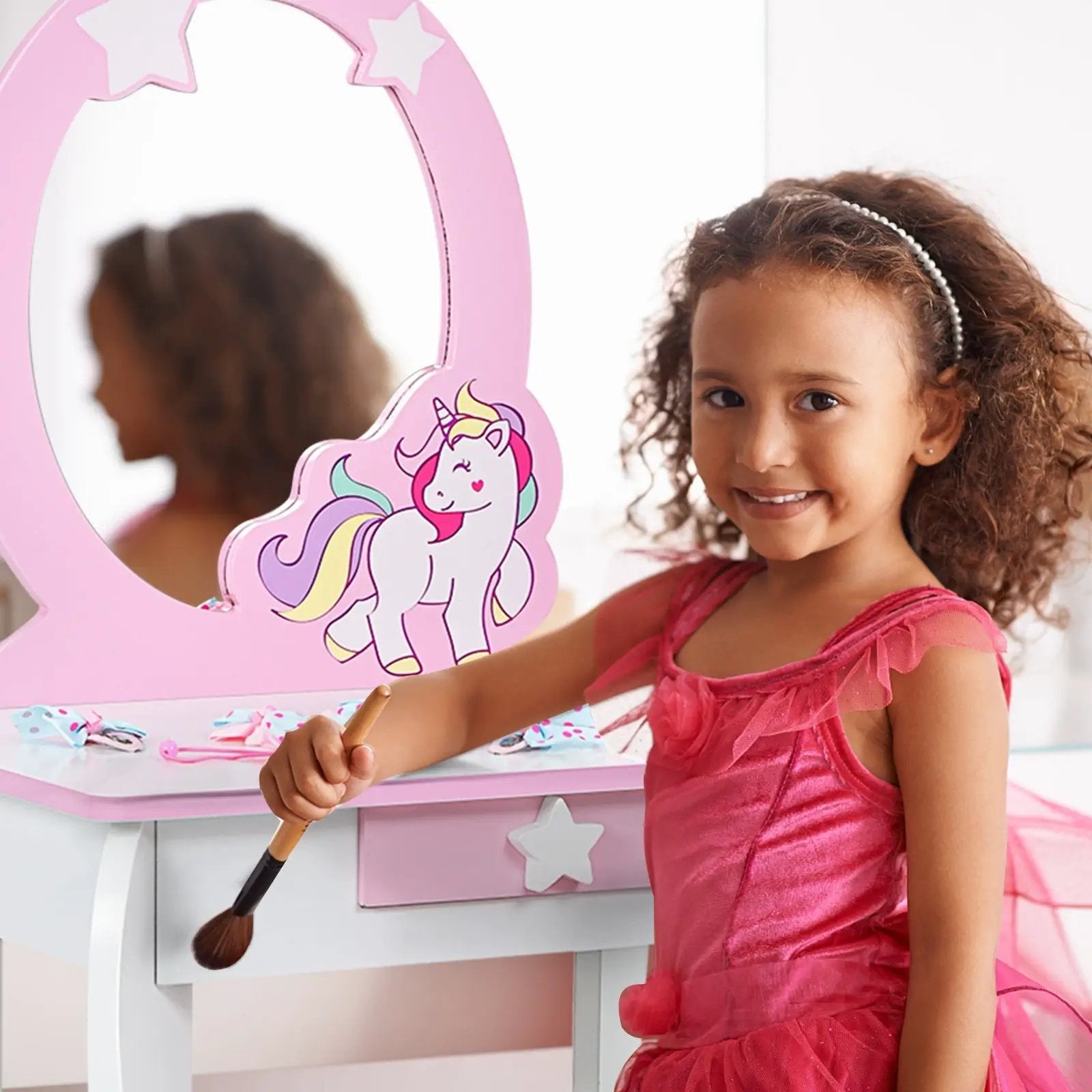 Kids Wooden Makeup Dressing Table and Chair Set with Mirror and Drawer by DirectDeals