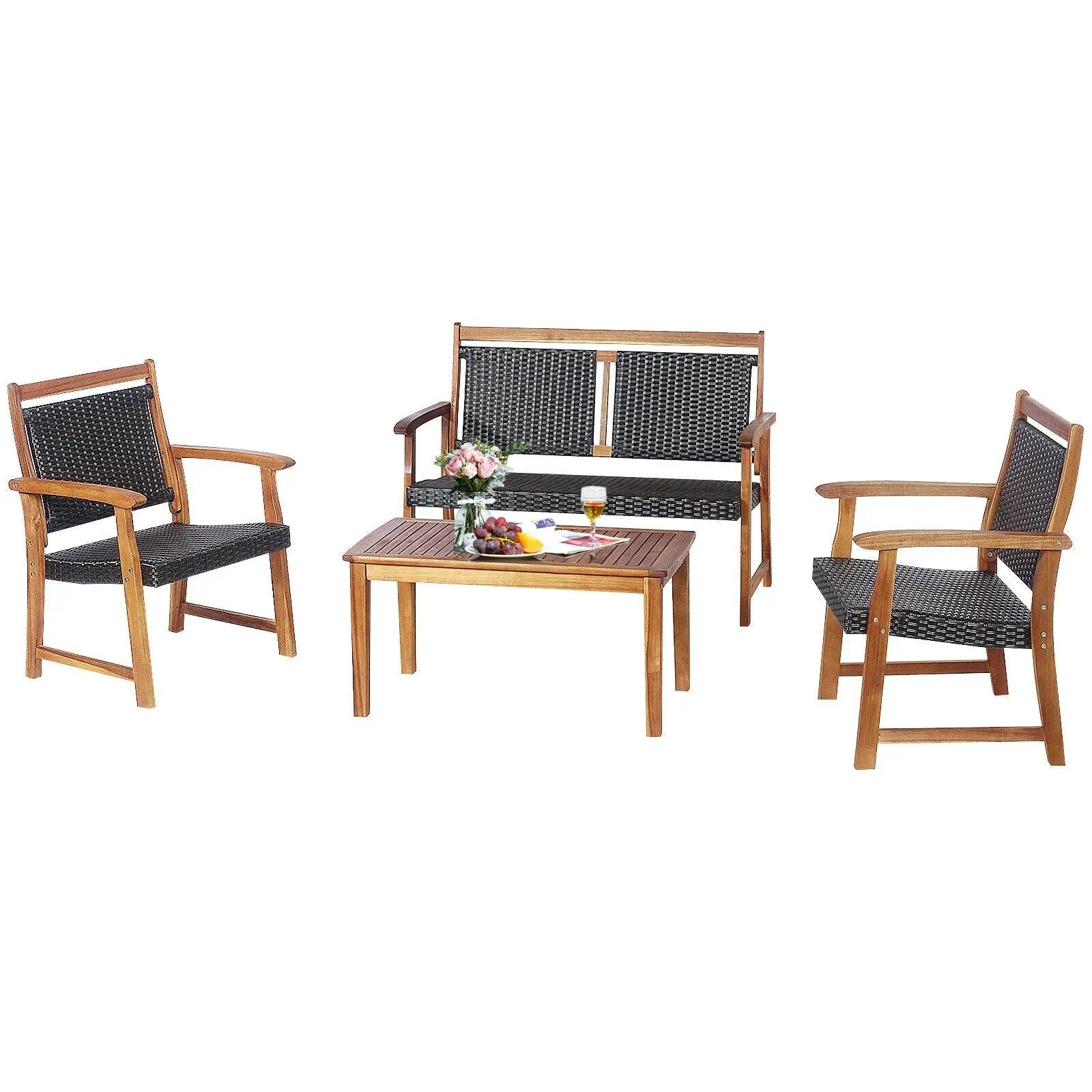 4 Pieces Outdoor Patio Rattan Furniture Sofa Set with Acacia Wood Frame by DirectDeals