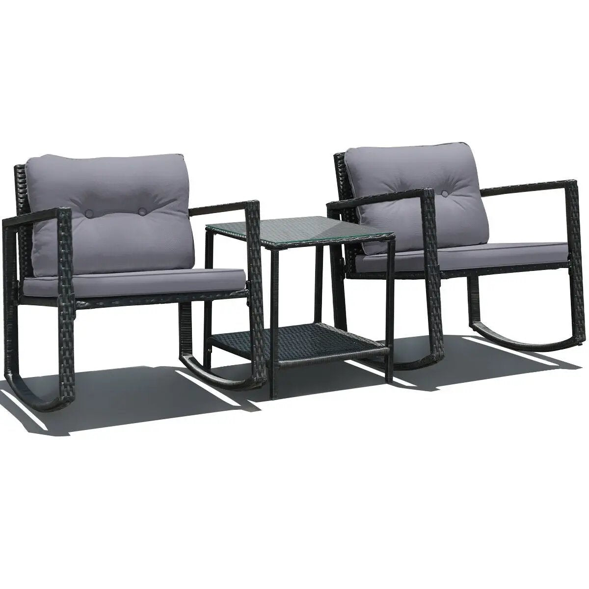 3 Pieces Cushioned Patio Rattan Set with Rocking Chair and Table-Black by DirectDeals