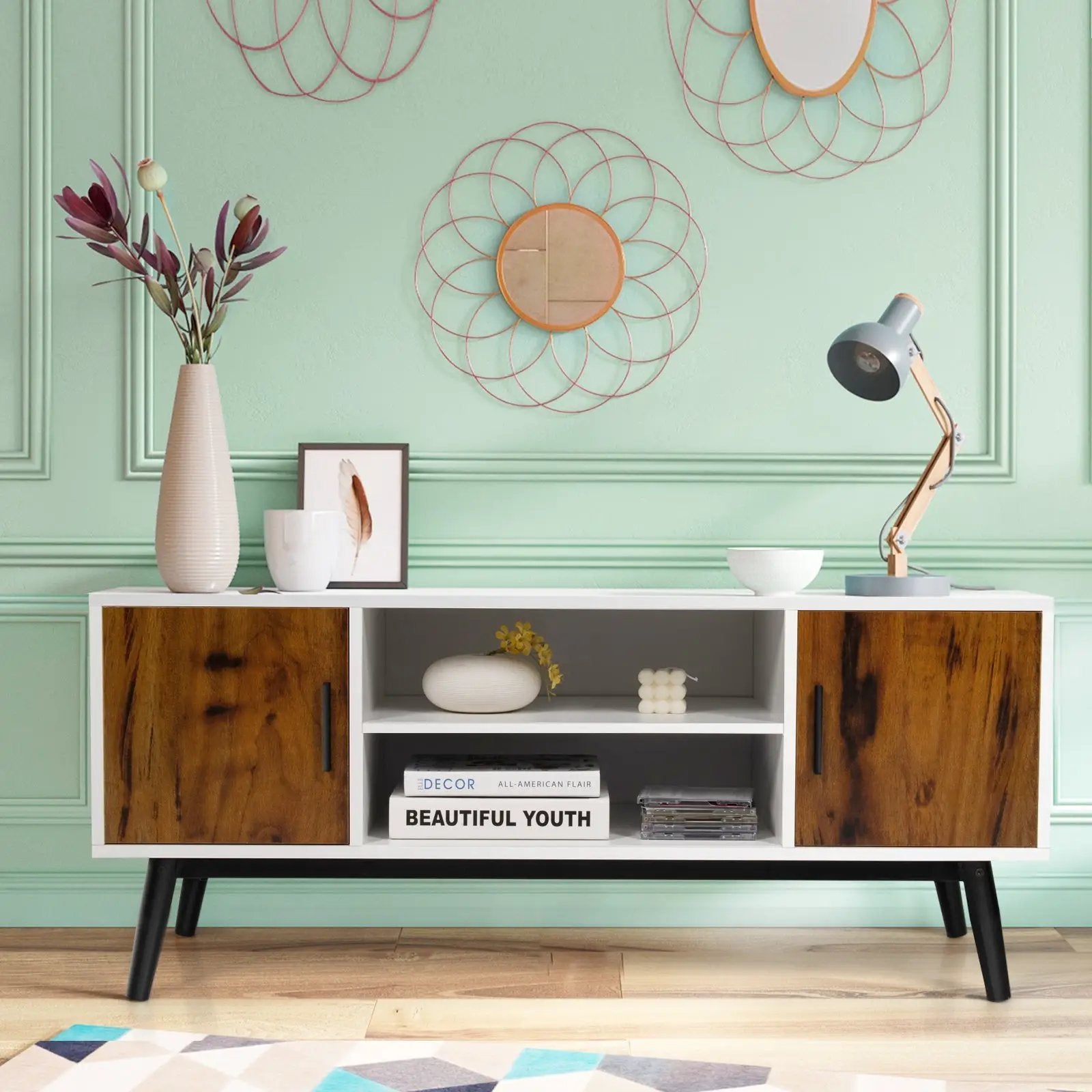 Mid-Century Wood TV Stand for 55 Inch with 2 Cabinets and Open Shelves by DirectDeals