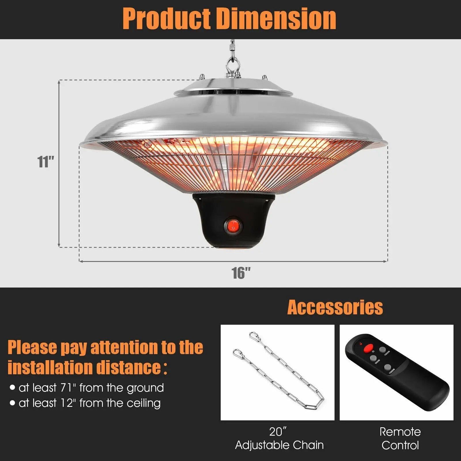 1500W Electric Hanging Ceiling Mounted Infrared Heater with Remote Control by DirectDeals