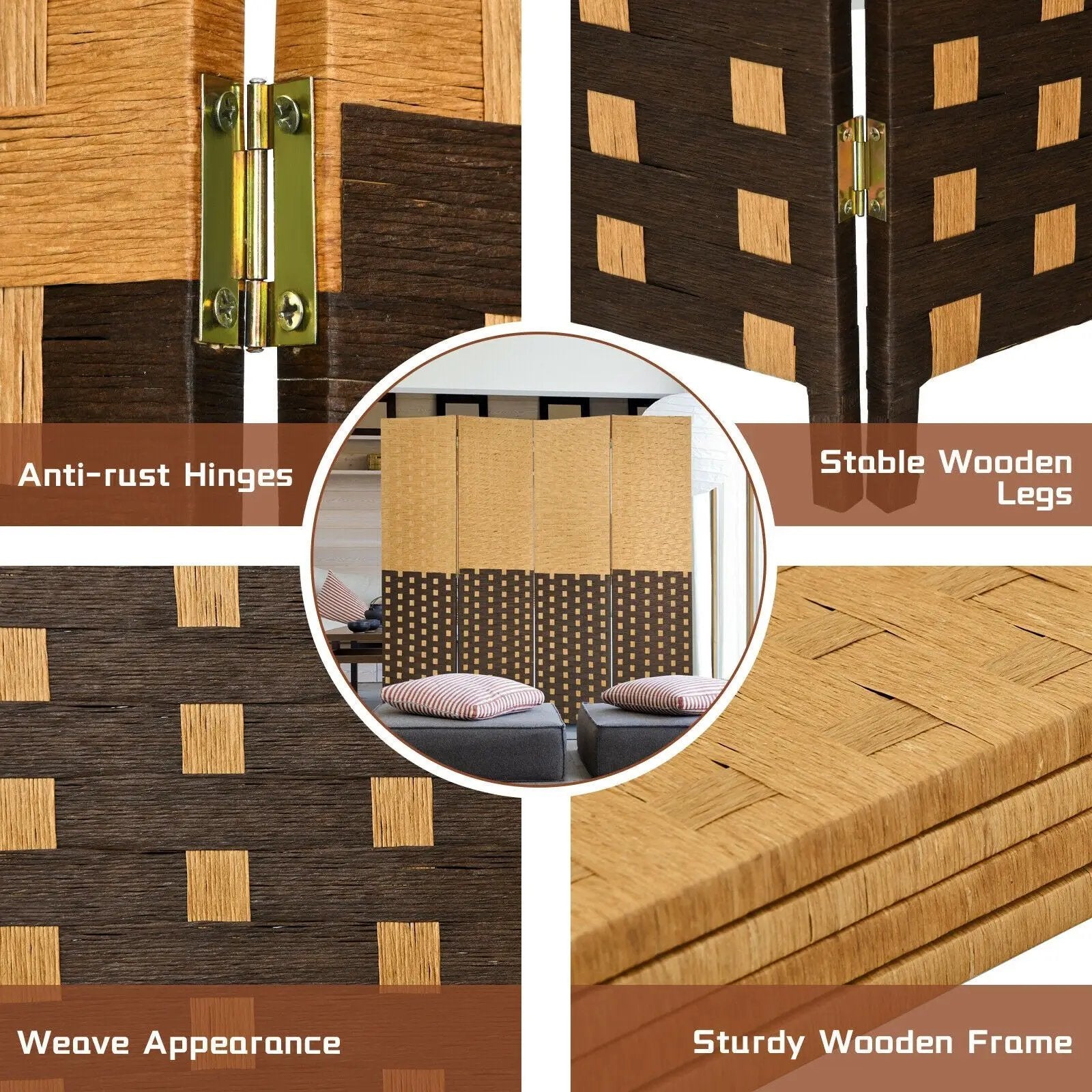 4 Panel Portable Folding Hand-Woven Wall Divider Suitable for Home Office-Brown by DirectDeals