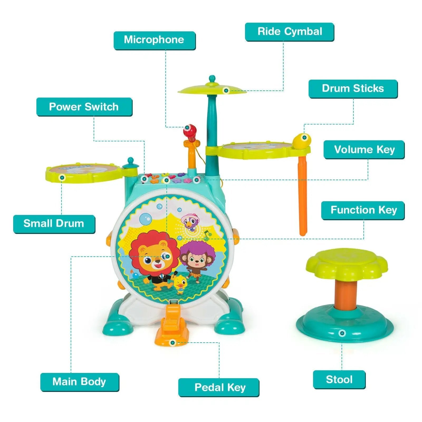 3 Pieces Electric Kids Drum Set with Microphone Stool Pedal by DirectDeals