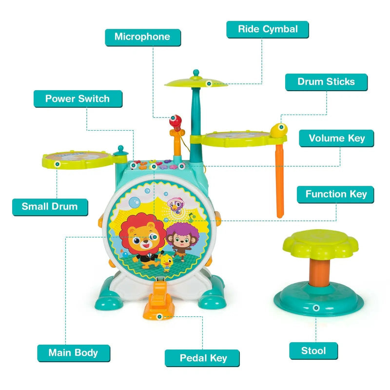 3 Pieces Electric Kids Drum Set with Microphone Stool Pedal by DirectDeals