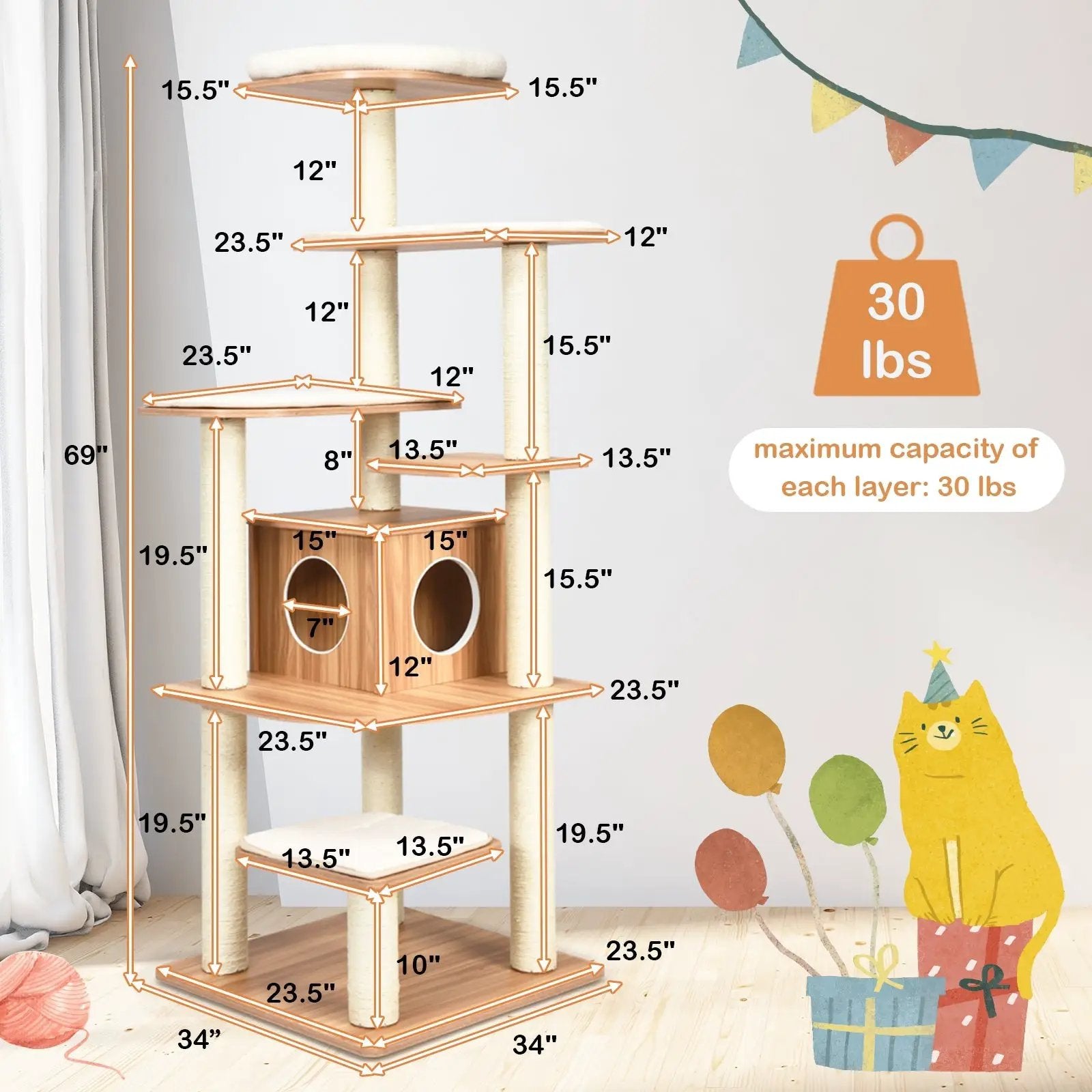 7-Layer Wooden Cat Tree Tall Cat Tower with Sisal Posts and Condo by DirectDeals