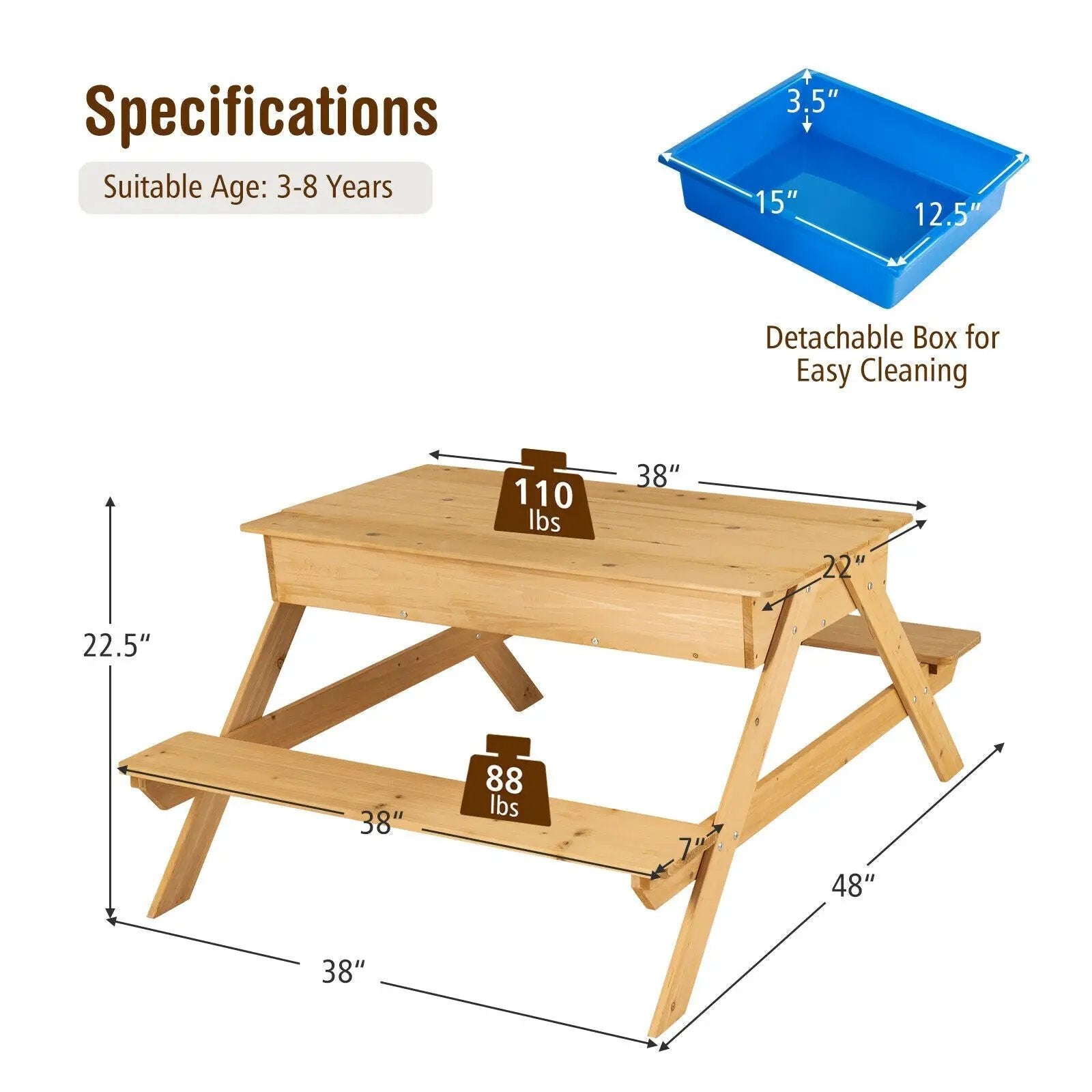 3-in-1 Kids Picnic Table Wooden Outdoor Water Sand Table with Play Boxes by DirectDeals
